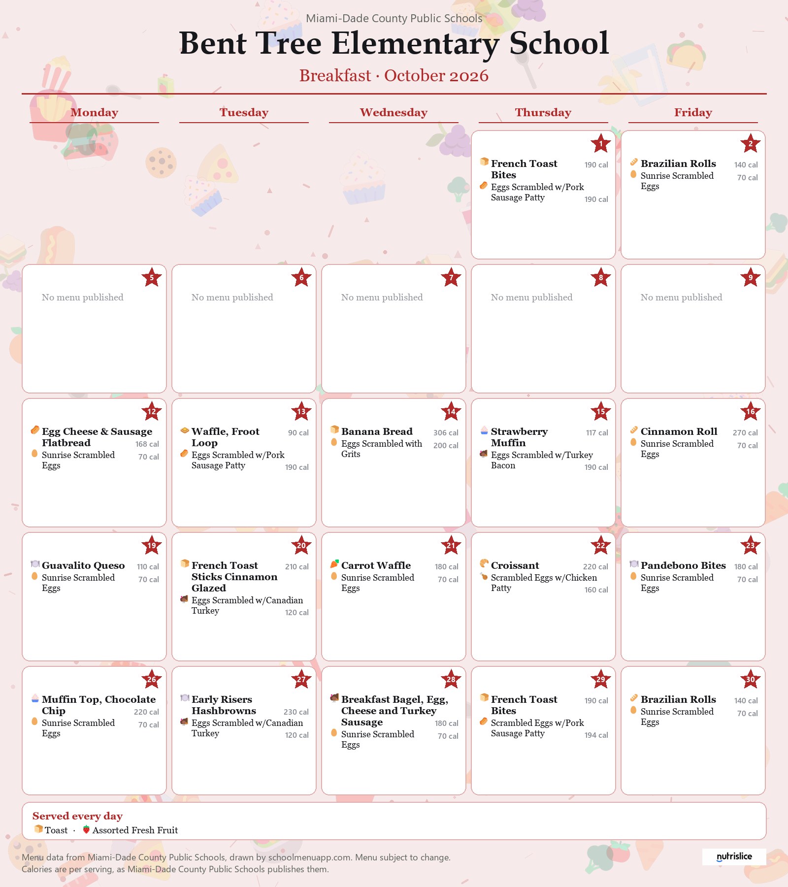 Bent Tree Elementary School breakfast menu for October 2026 &mdash; Miami-Dade County Public Schools