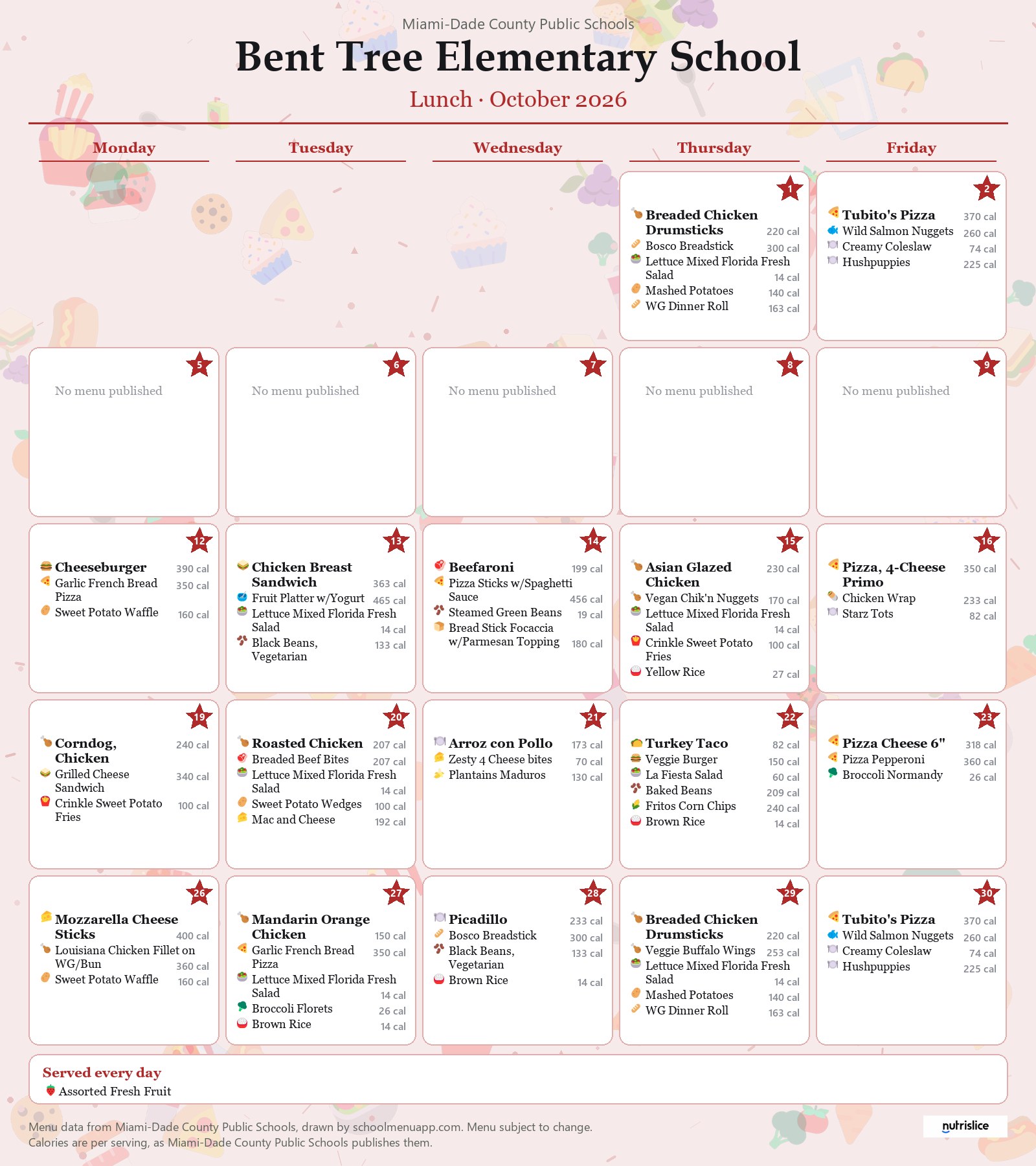 Bent Tree Elementary School lunch menu for October 2026 &mdash; Miami-Dade County Public Schools