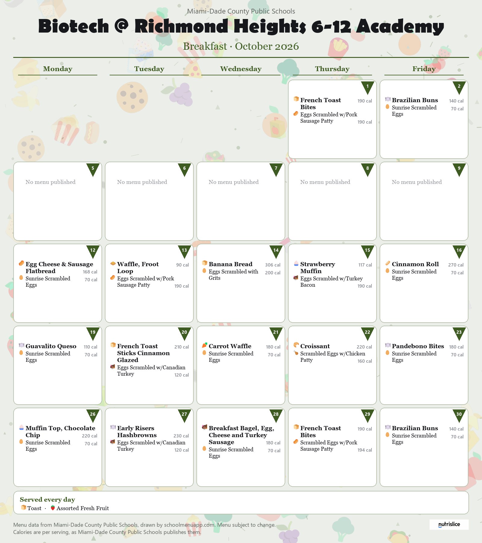 Biotech @ Richmond Heights 6-12 Academy breakfast menu for October 2026 &mdash; Miami-Dade County Public Schools