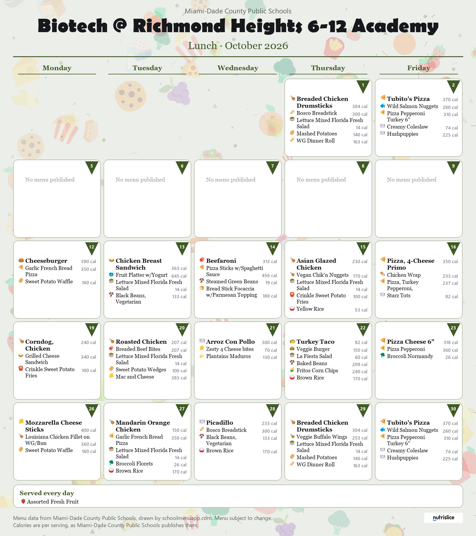 Biotech @ Richmond Heights 6-12 Academy lunch menu for October 2026 &mdash; Miami-Dade County Public Schools