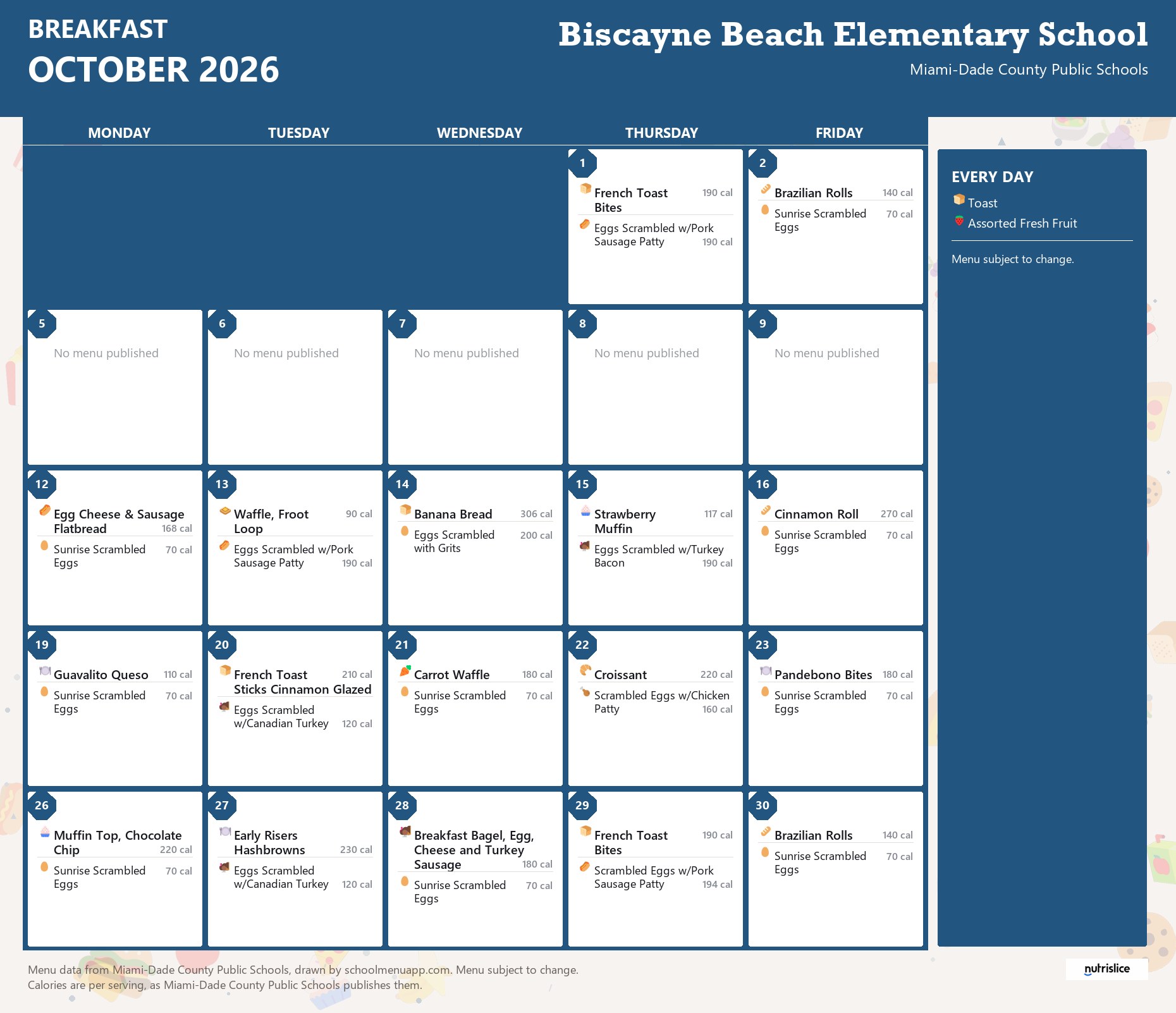 Biscayne Beach Elementary School breakfast menu for October 2026 &mdash; Miami-Dade County Public Schools
