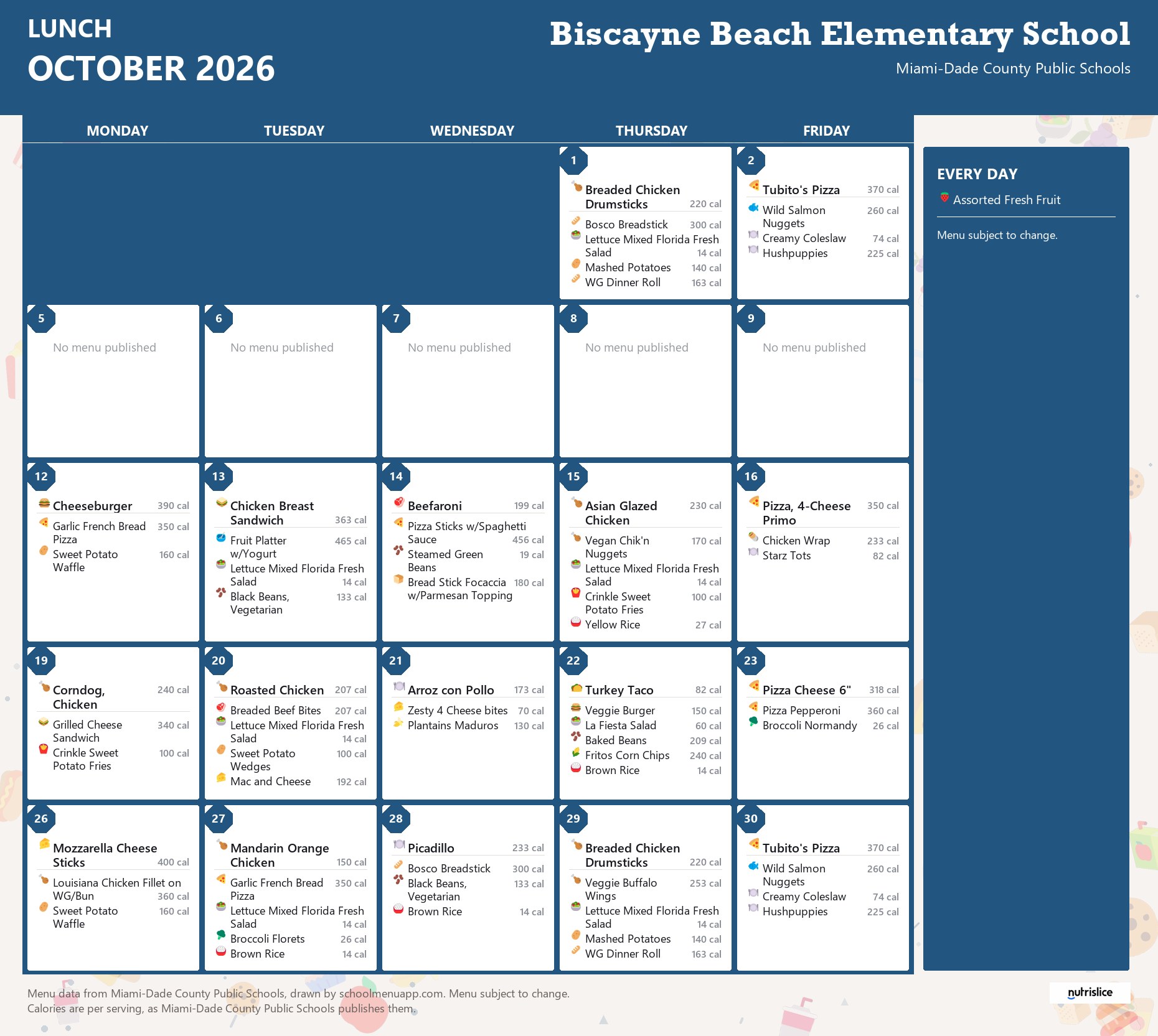 Biscayne Beach Elementary School lunch menu for October 2026 &mdash; Miami-Dade County Public Schools