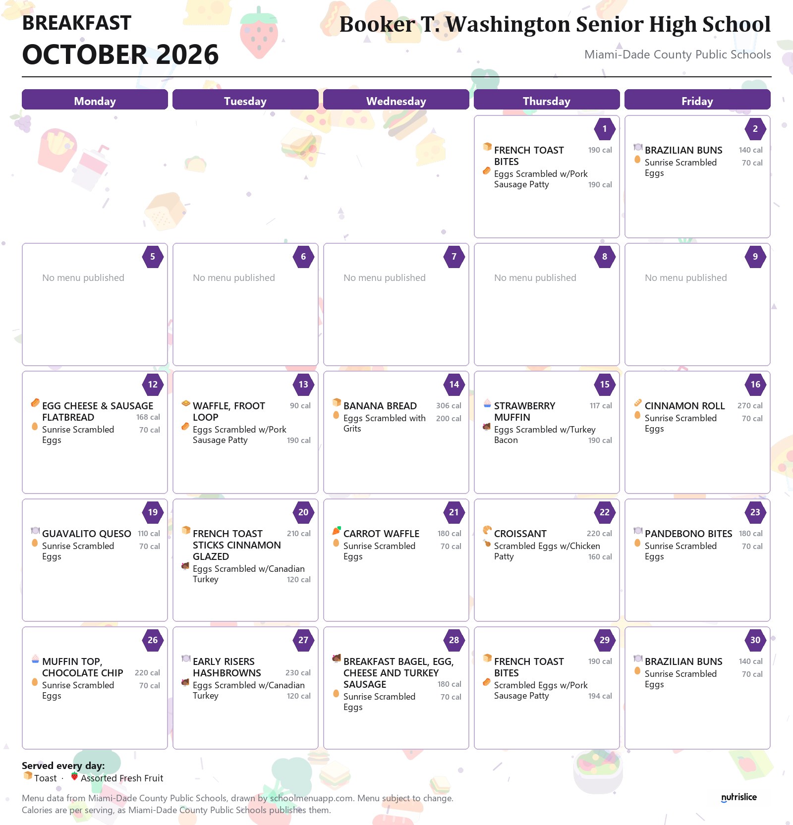 Booker T. Washington Senior High School breakfast menu for October 2026 &mdash; Miami-Dade County Public Schools