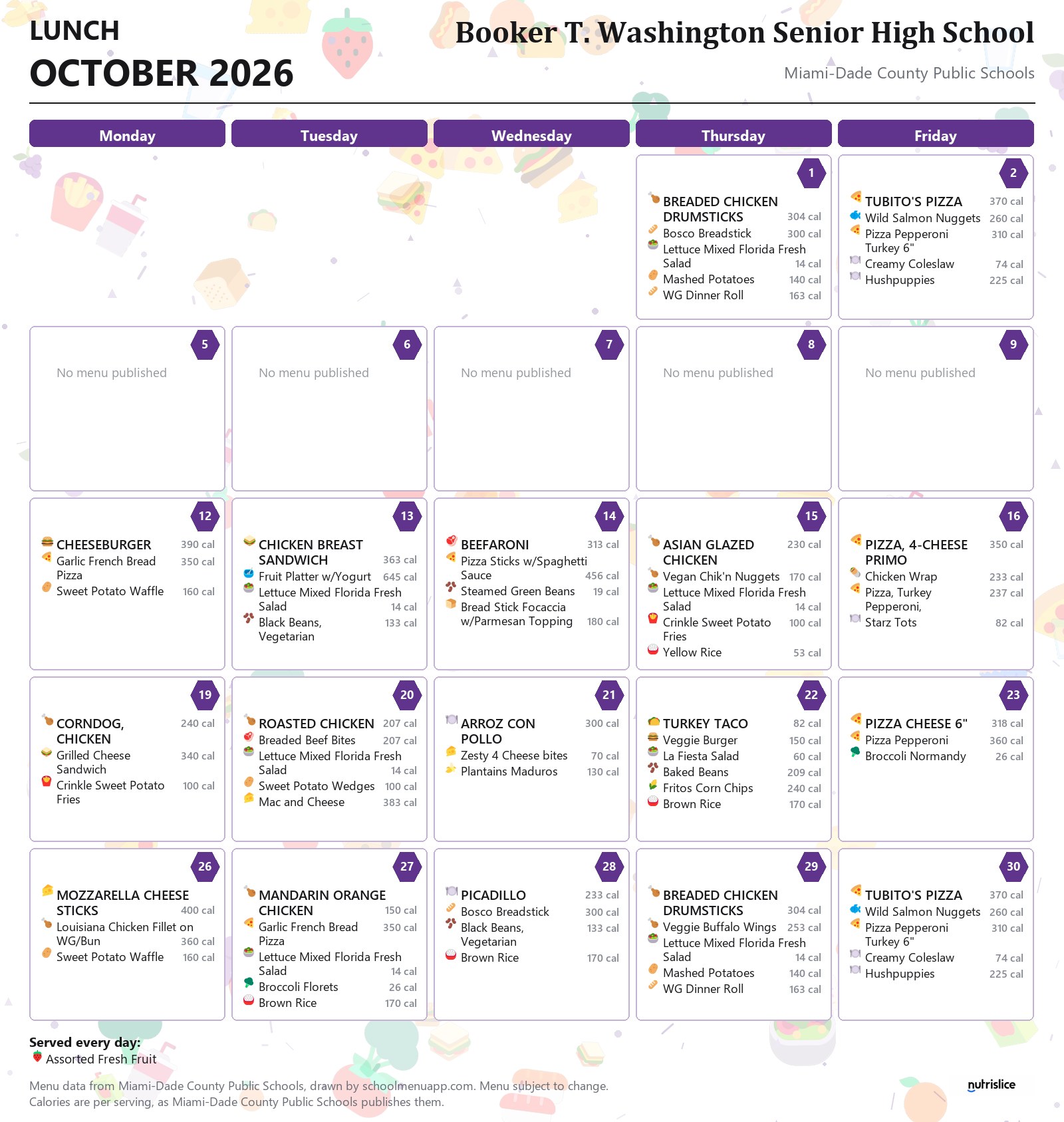 Booker T. Washington Senior High School lunch menu for October 2026 &mdash; Miami-Dade County Public Schools