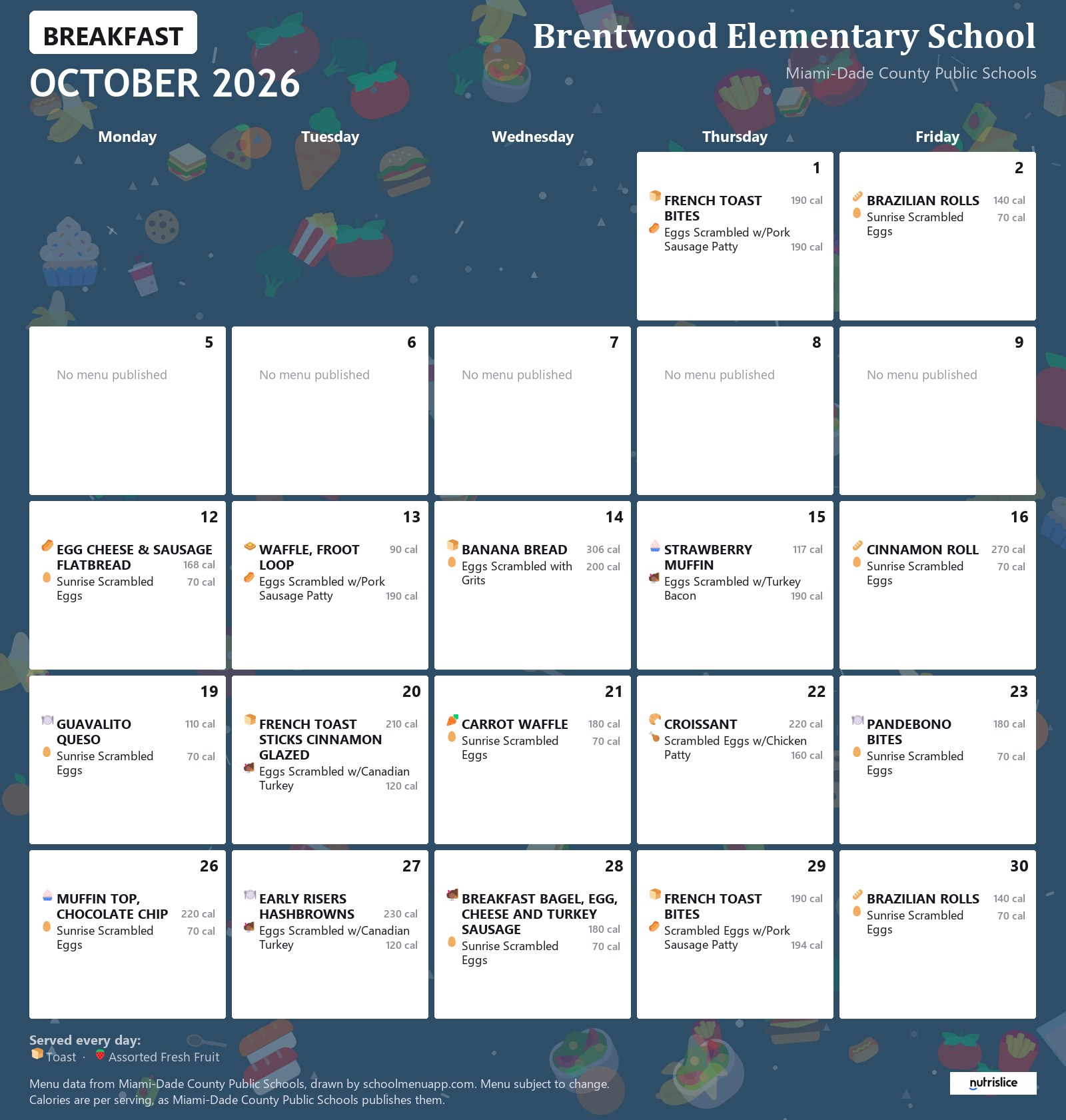 Brentwood Elementary School breakfast menu for October 2026 &mdash; Miami-Dade County Public Schools