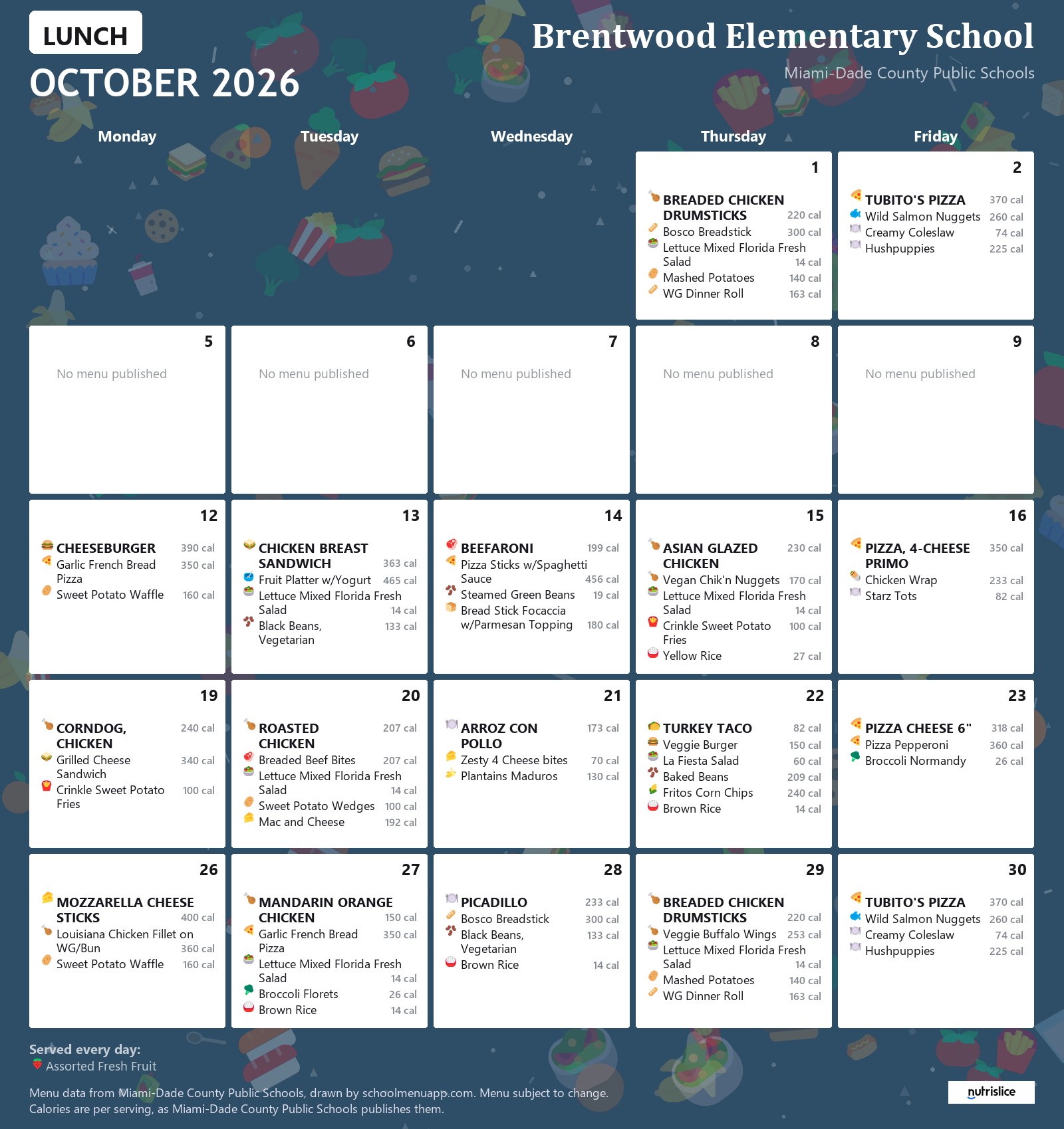 Brentwood Elementary School lunch menu for October 2026 &mdash; Miami-Dade County Public Schools