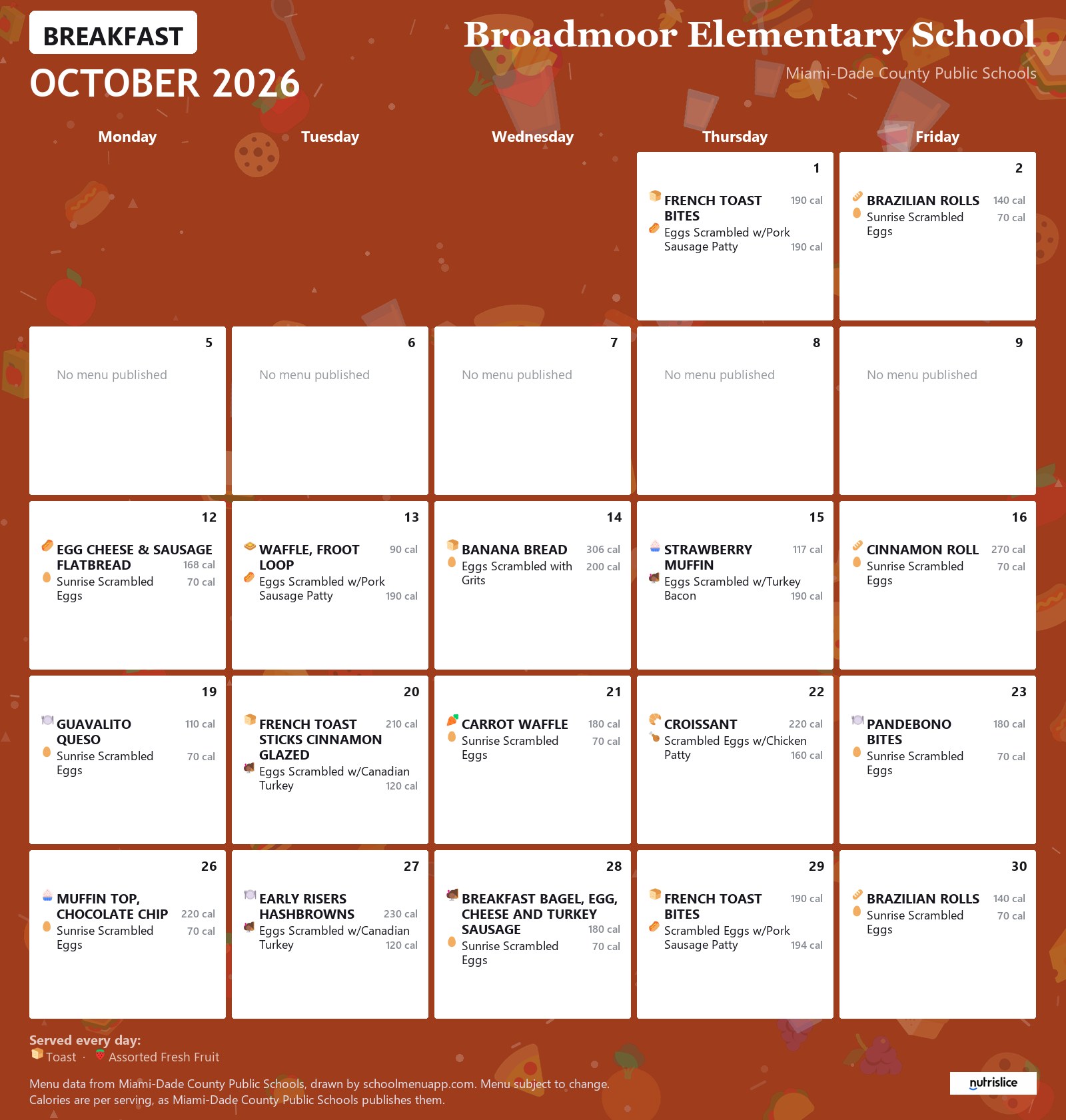 Broadmoor Elementary School breakfast menu for October 2026 &mdash; Miami-Dade County Public Schools