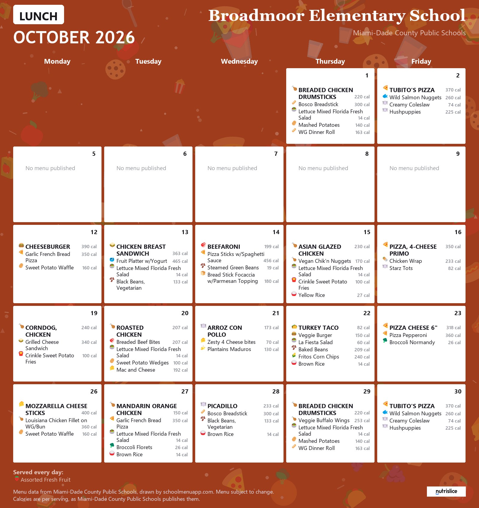 Broadmoor Elementary School lunch menu for October 2026 &mdash; Miami-Dade County Public Schools