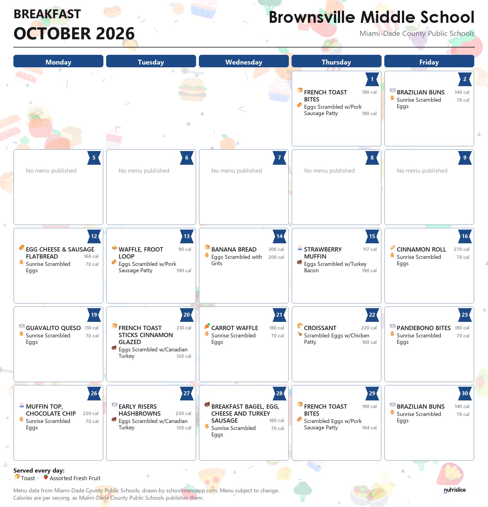 Brownsville Middle School breakfast menu for October 2026 &mdash; Miami-Dade County Public Schools