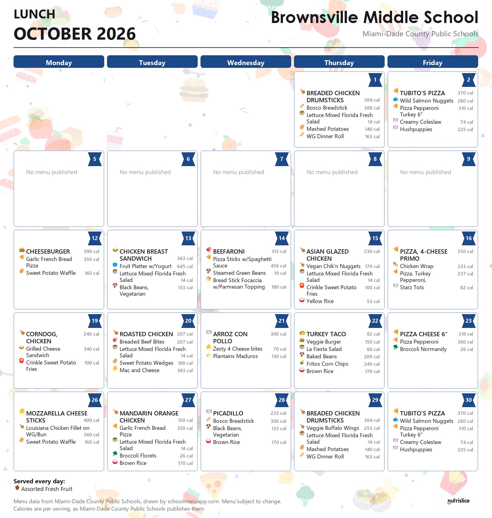 Brownsville Middle School lunch menu for October 2026 &mdash; Miami-Dade County Public Schools