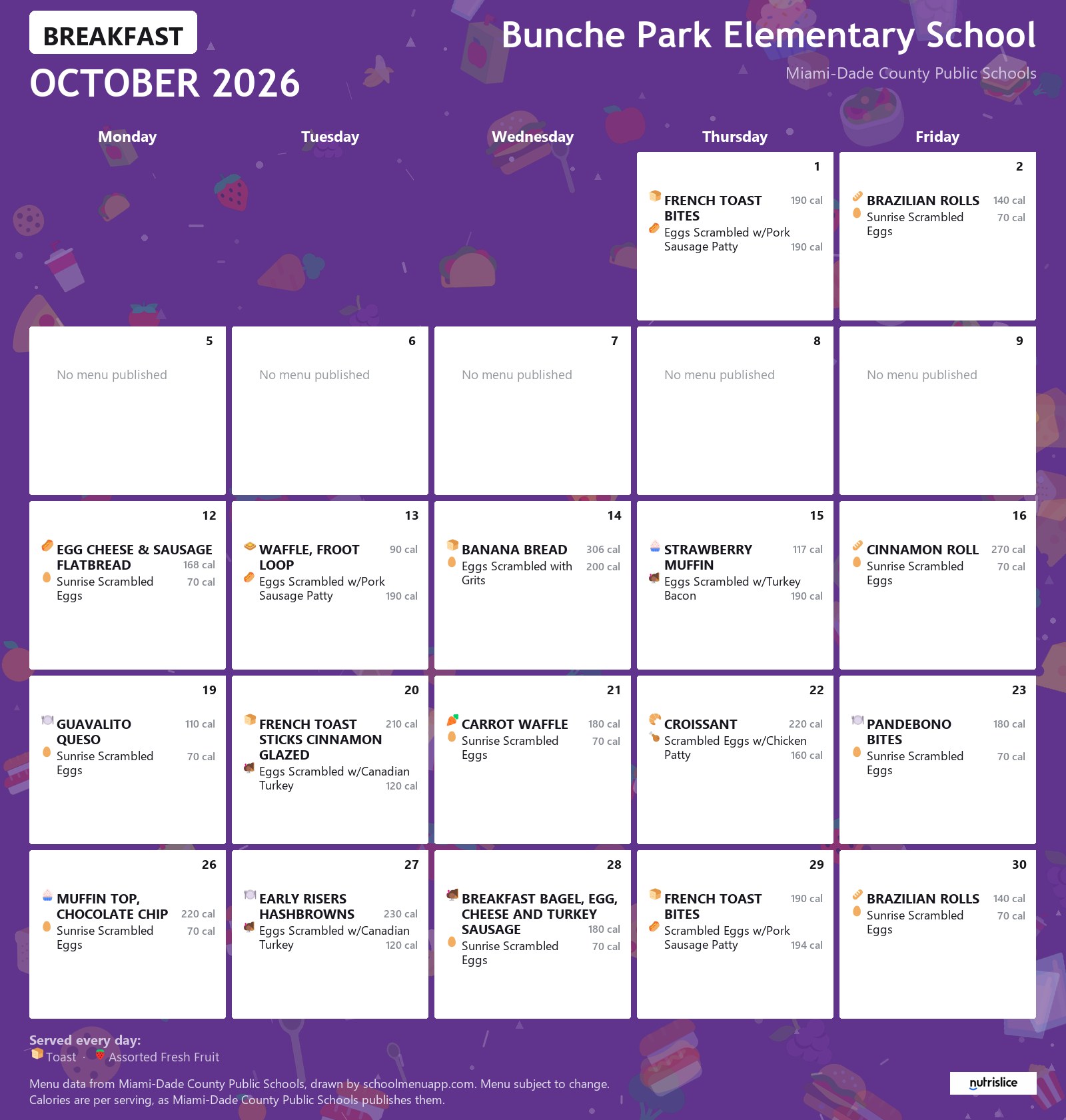 Bunche Park Elementary School breakfast menu for October 2026 &mdash; Miami-Dade County Public Schools