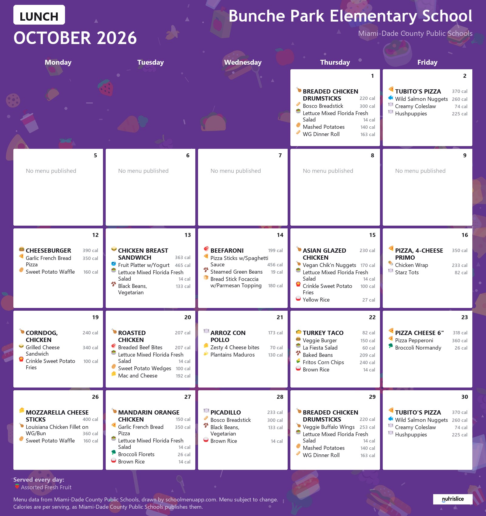 Bunche Park Elementary School lunch menu for October 2026 &mdash; Miami-Dade County Public Schools