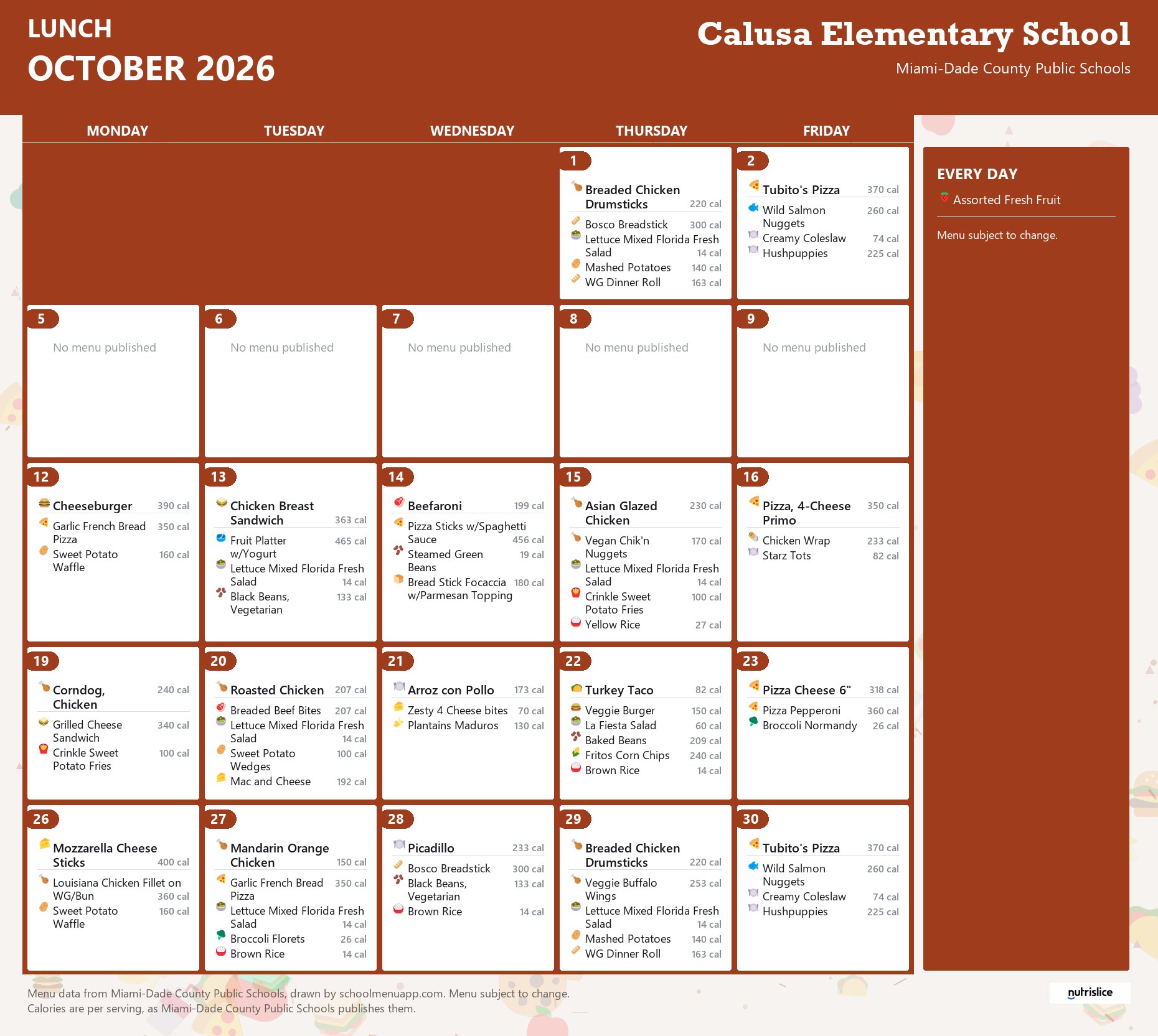 Calusa Elementary School lunch menu for October 2026 &mdash; Miami-Dade County Public Schools