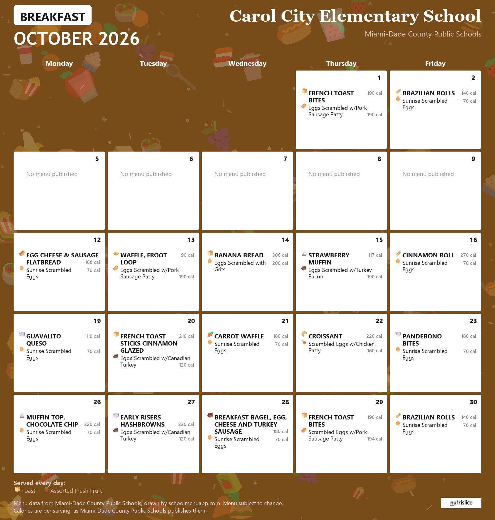 Carol City Elementary School breakfast menu for October 2026 &mdash; Miami-Dade County Public Schools
