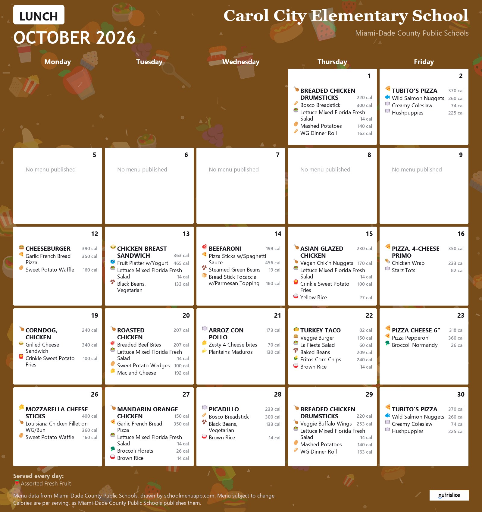 Carol City Elementary School lunch menu for October 2026 &mdash; Miami-Dade County Public Schools