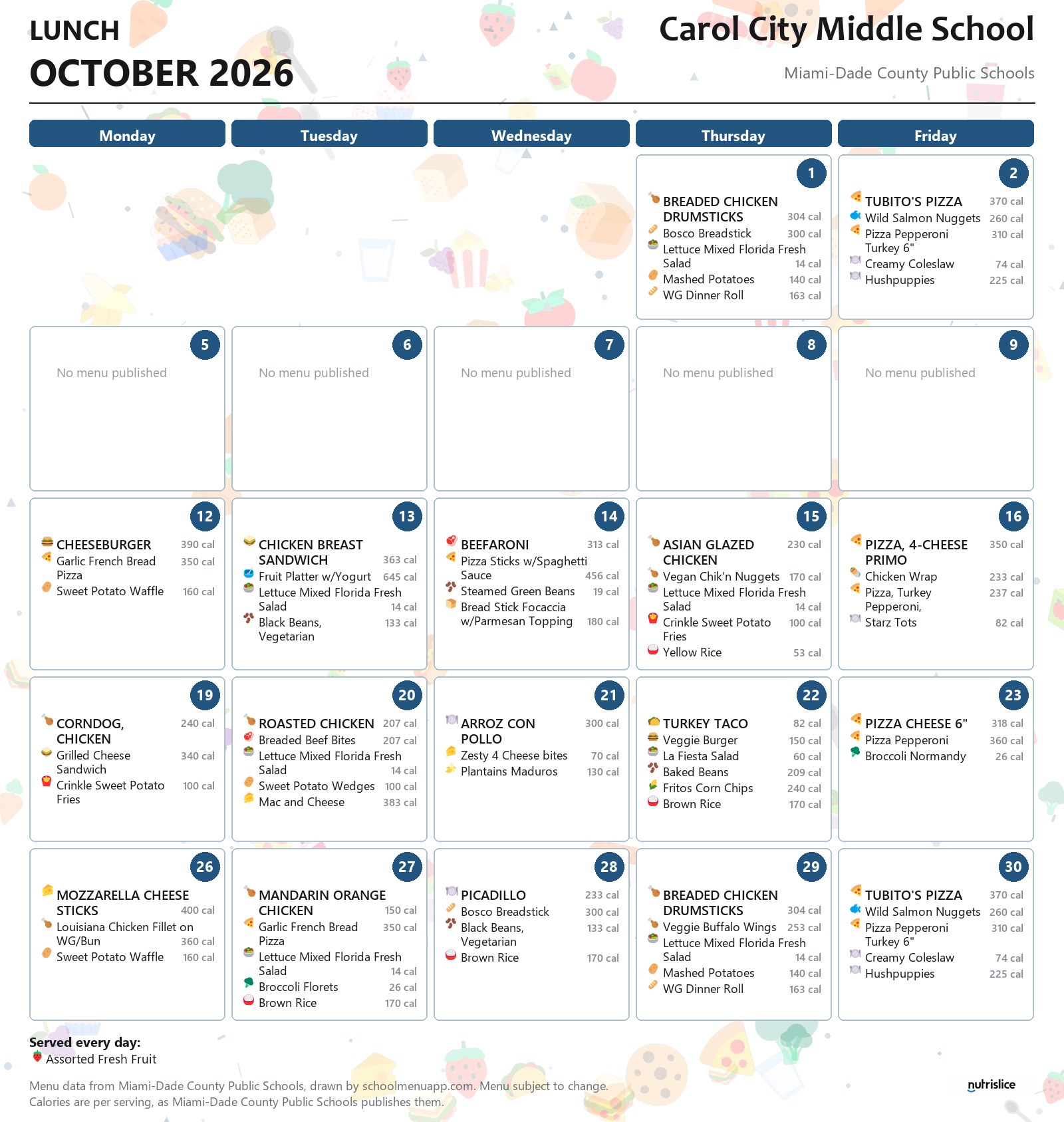 Carol City Middle School lunch menu for October 2026 &mdash; Miami-Dade County Public Schools