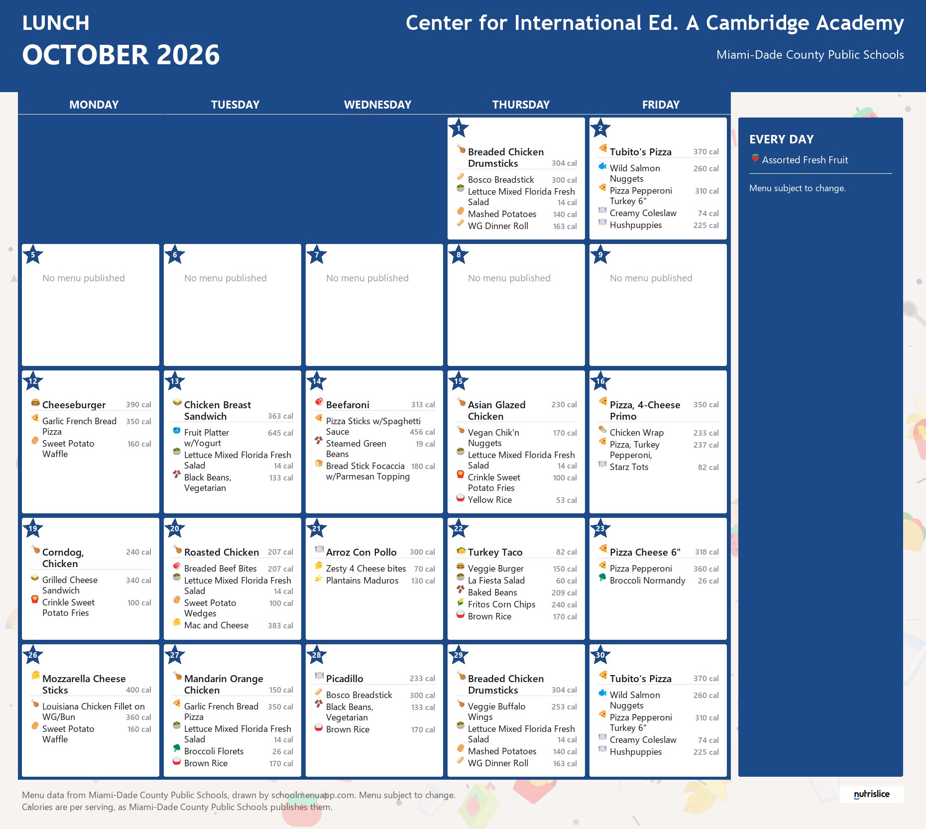 Center for International Ed. A Cambridge Academy lunch menu for October 2026 &mdash; Miami-Dade County Public Schools