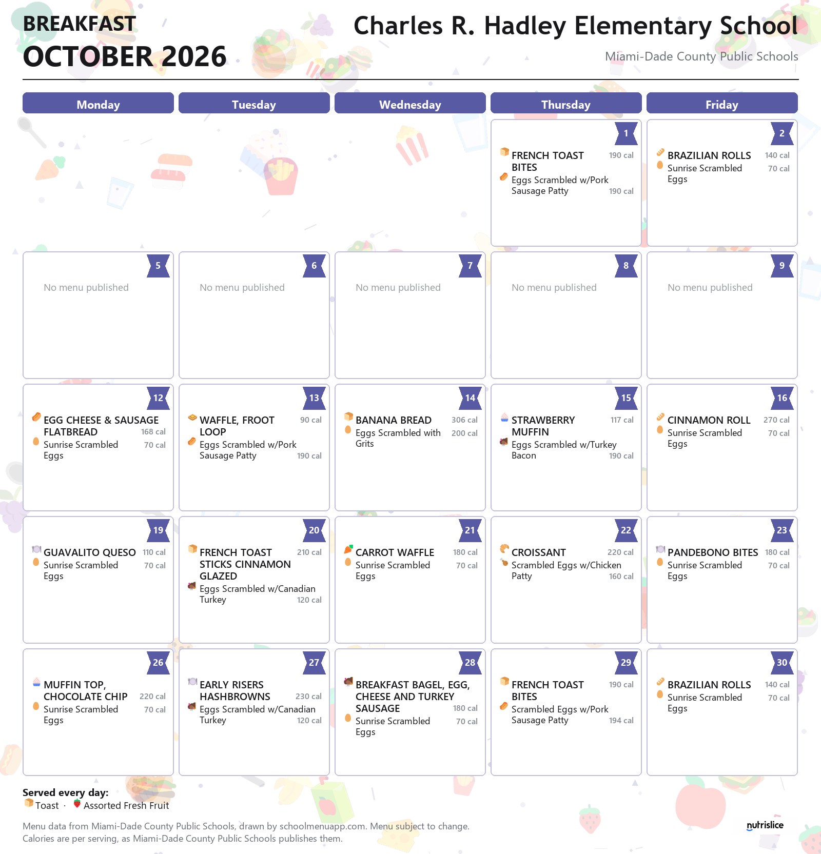 Charles R. Hadley Elementary School breakfast menu for October 2026 &mdash; Miami-Dade County Public Schools