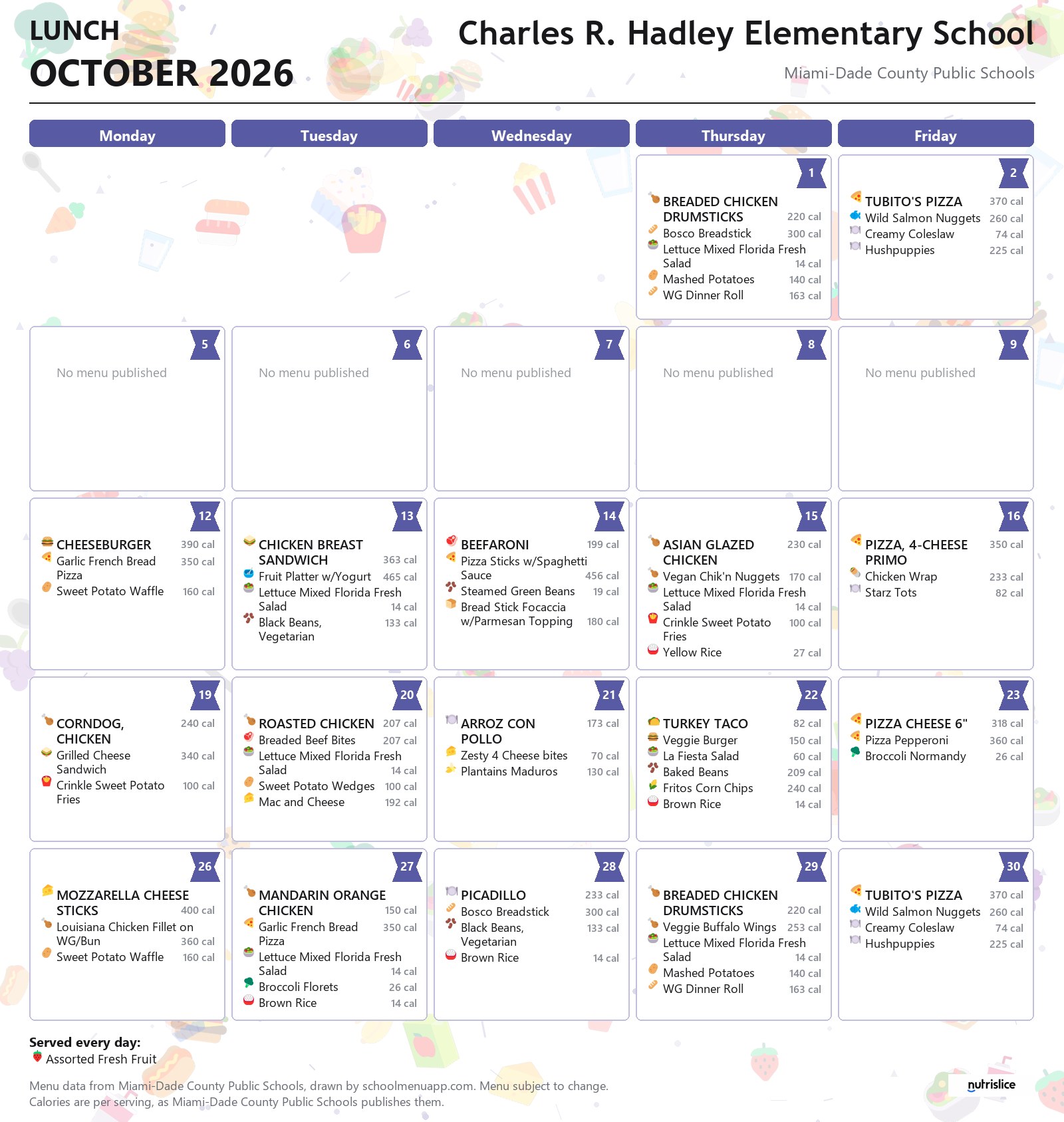 Charles R. Hadley Elementary School lunch menu for October 2026 &mdash; Miami-Dade County Public Schools