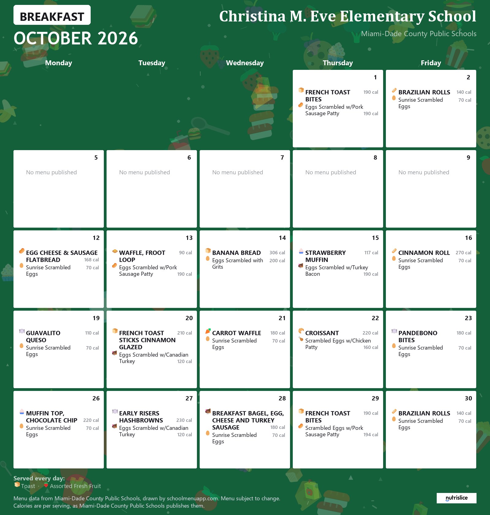 Christina M. Eve Elementary School breakfast menu for October 2026 &mdash; Miami-Dade County Public Schools