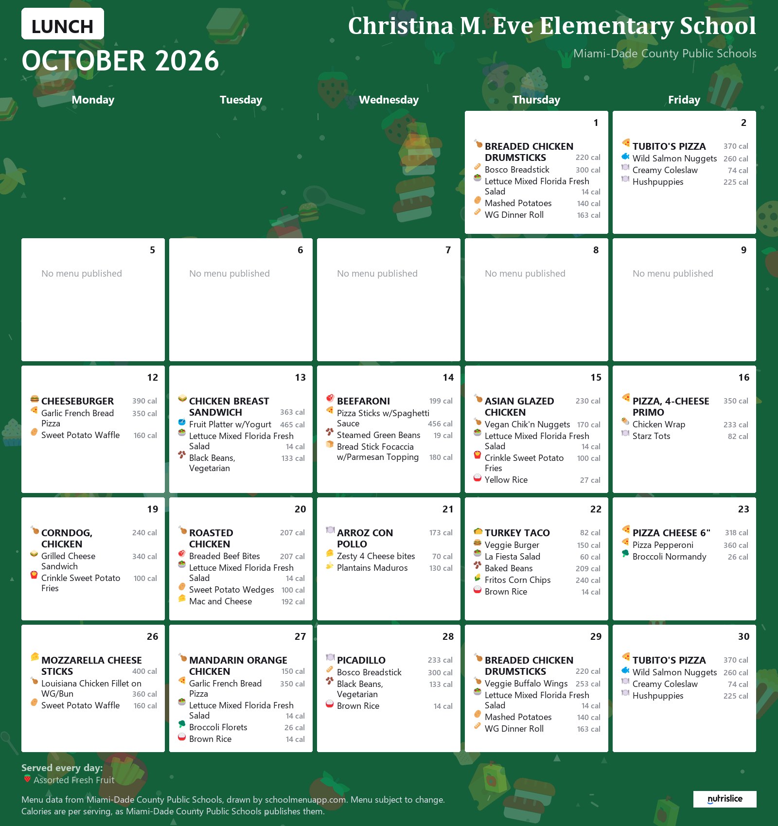 Christina M. Eve Elementary School lunch menu for October 2026 &mdash; Miami-Dade County Public Schools