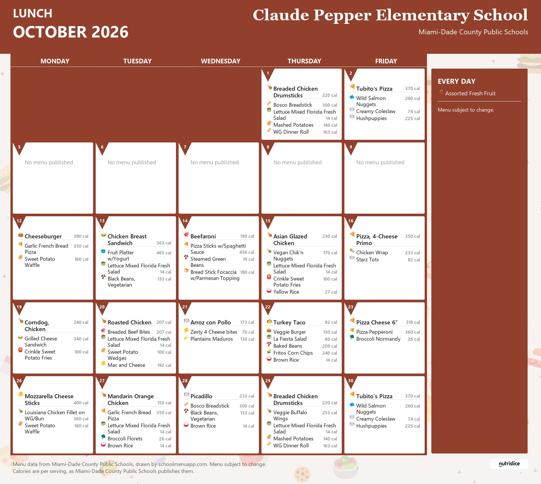 Claude Pepper Elementary School lunch menu for October 2026 &mdash; Miami-Dade County Public Schools