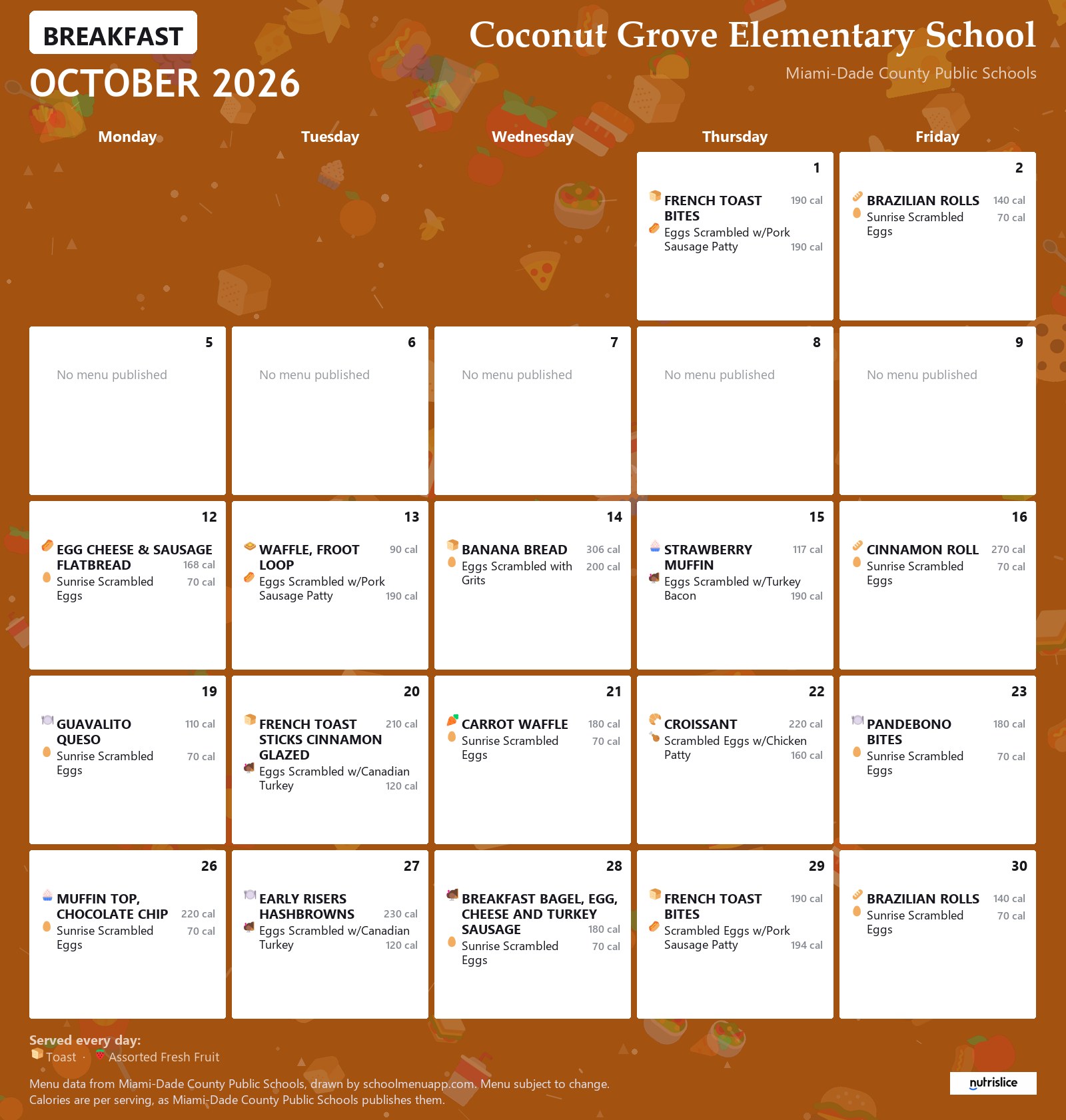 Coconut Grove Elementary School breakfast menu for October 2026 &mdash; Miami-Dade County Public Schools