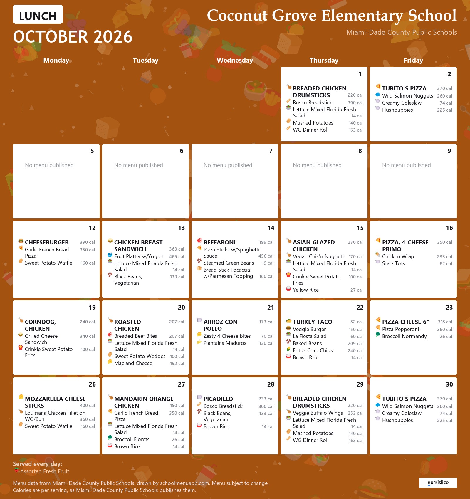 Coconut Grove Elementary School lunch menu for October 2026 &mdash; Miami-Dade County Public Schools