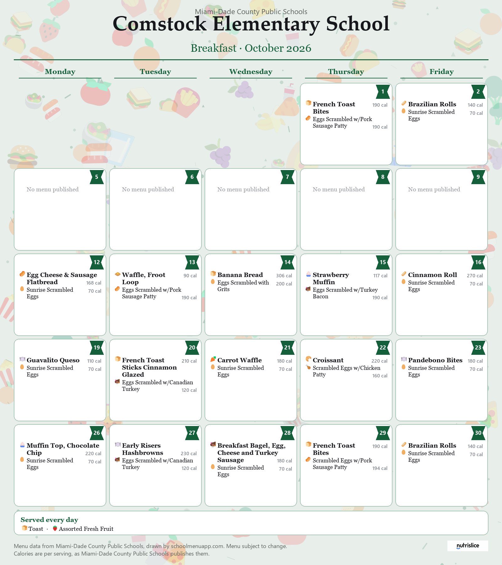 Comstock Elementary School breakfast menu for October 2026 &mdash; Miami-Dade County Public Schools
