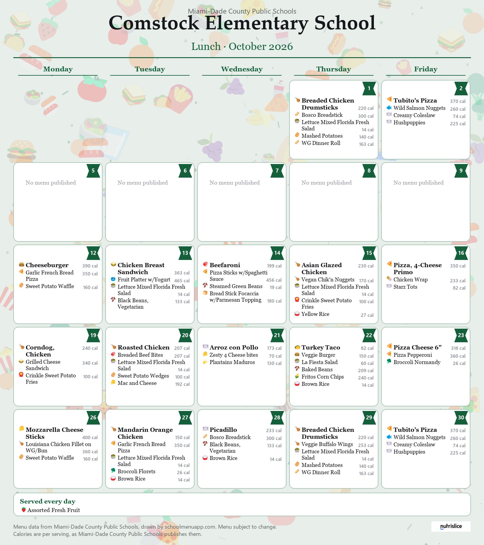 Comstock Elementary School lunch menu for October 2026 &mdash; Miami-Dade County Public Schools