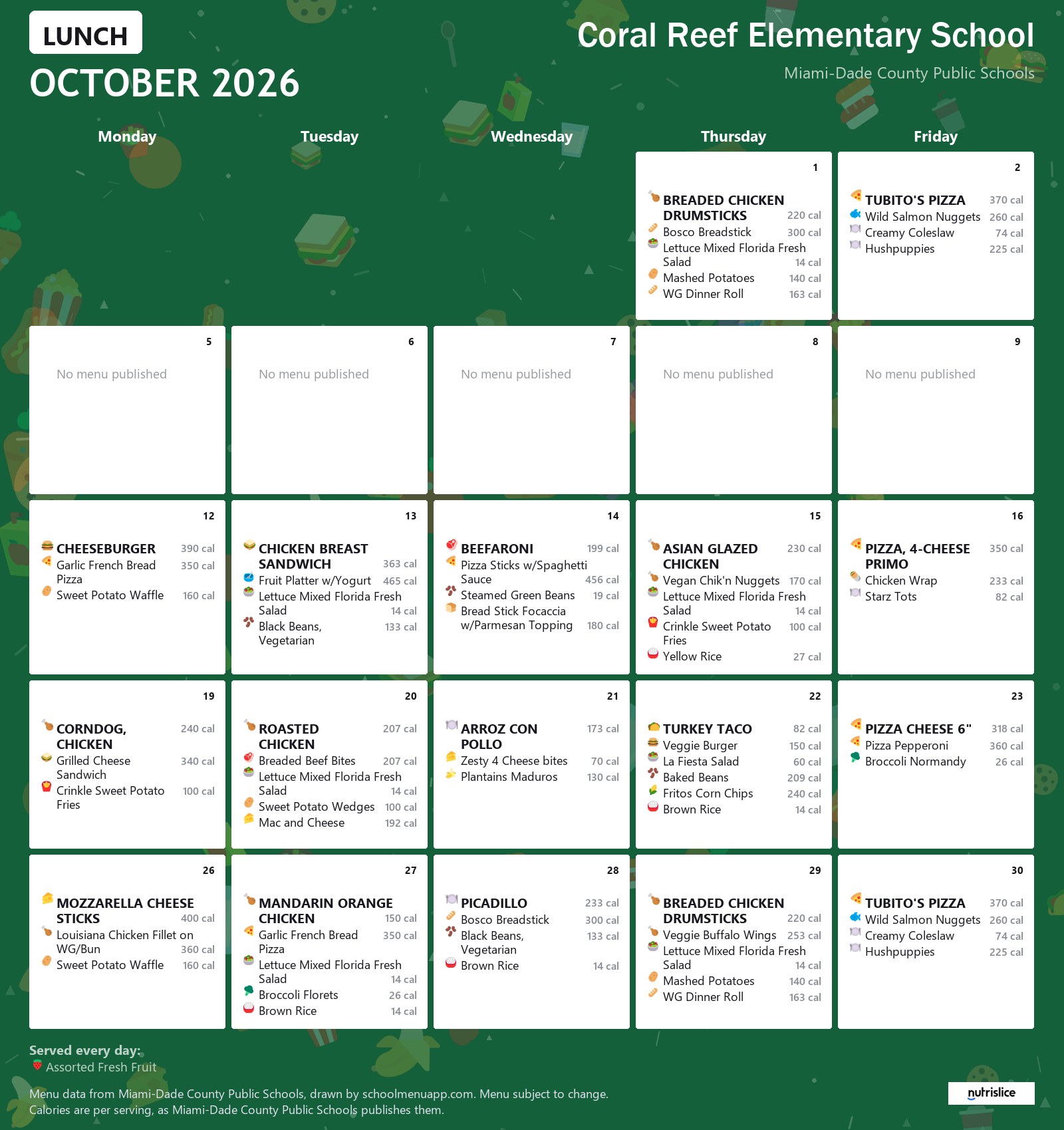Coral Reef Elementary School lunch menu for October 2026 &mdash; Miami-Dade County Public Schools
