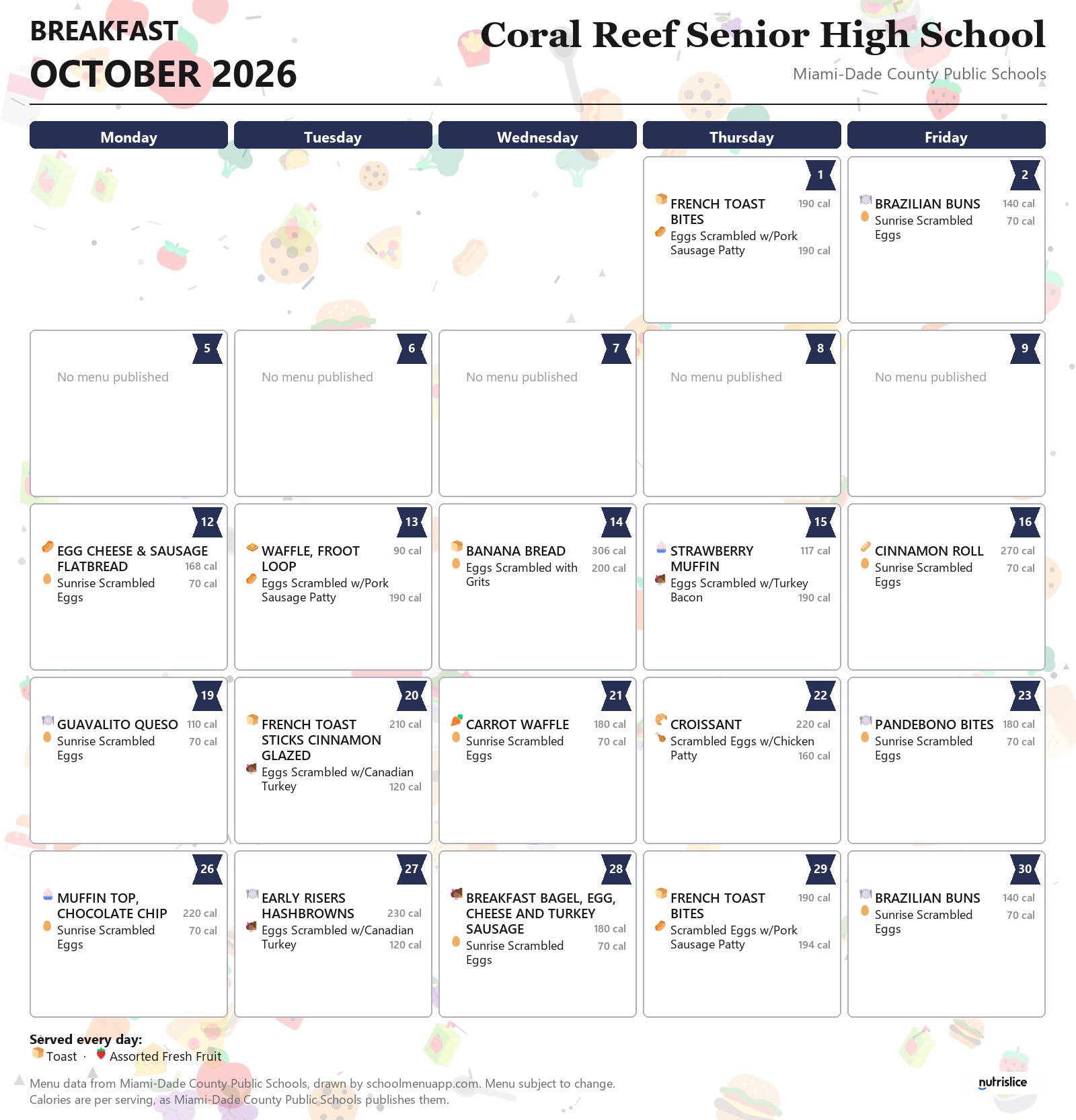 Coral Reef Senior High School breakfast menu for October 2026 &mdash; Miami-Dade County Public Schools