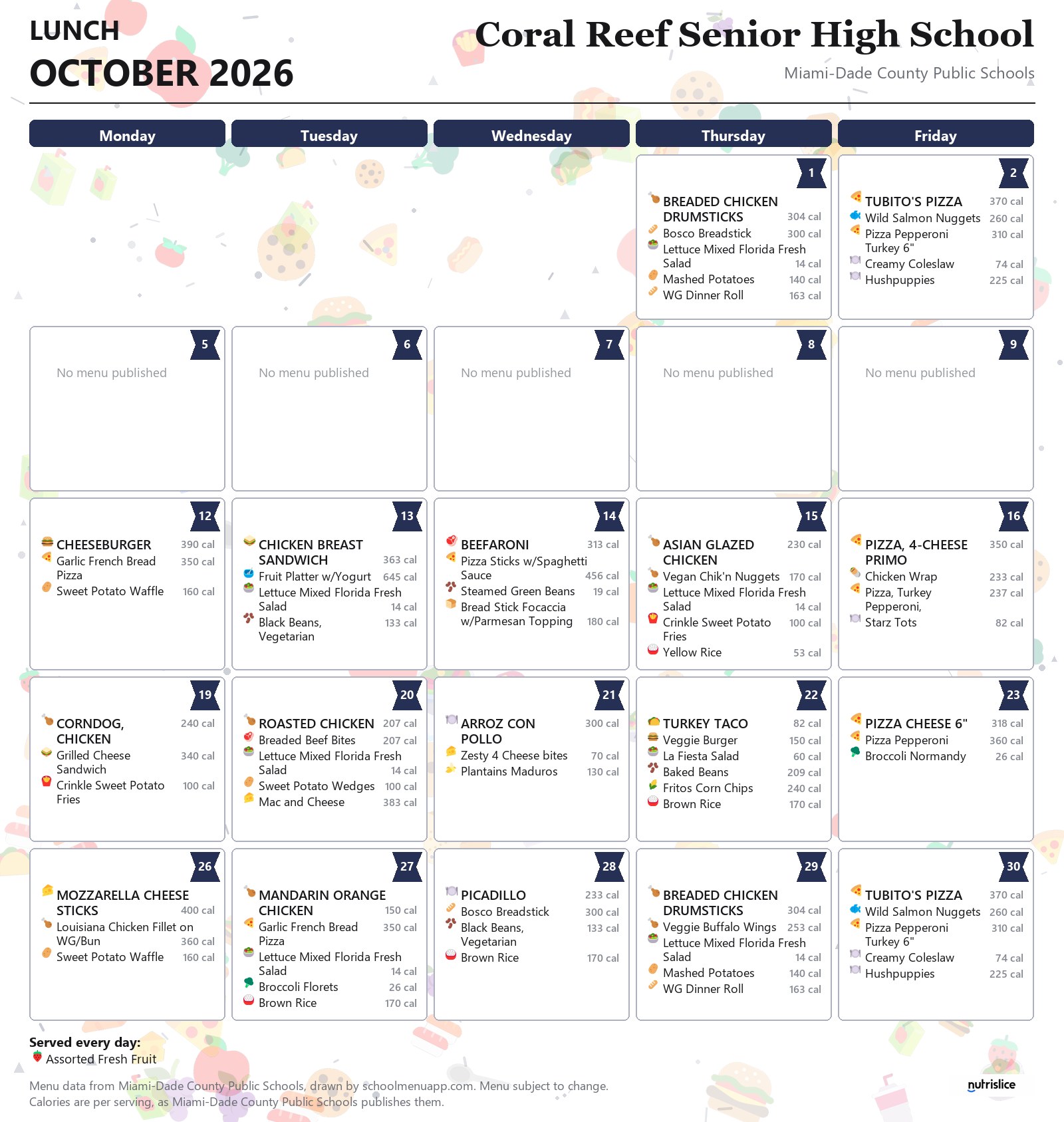 Coral Reef Senior High School lunch menu for October 2026 &mdash; Miami-Dade County Public Schools