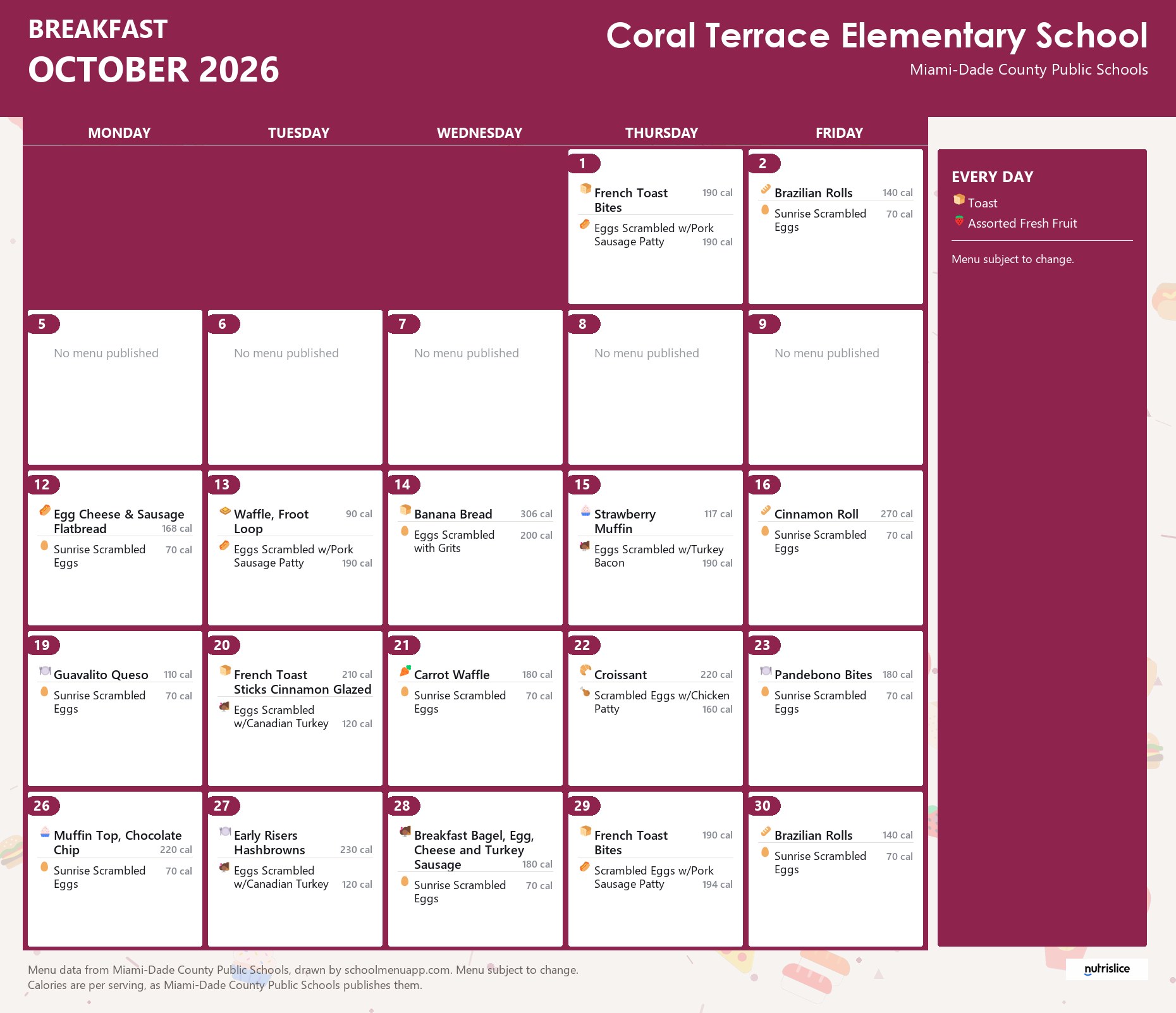 Coral Terrace Elementary School breakfast menu for October 2026 &mdash; Miami-Dade County Public Schools