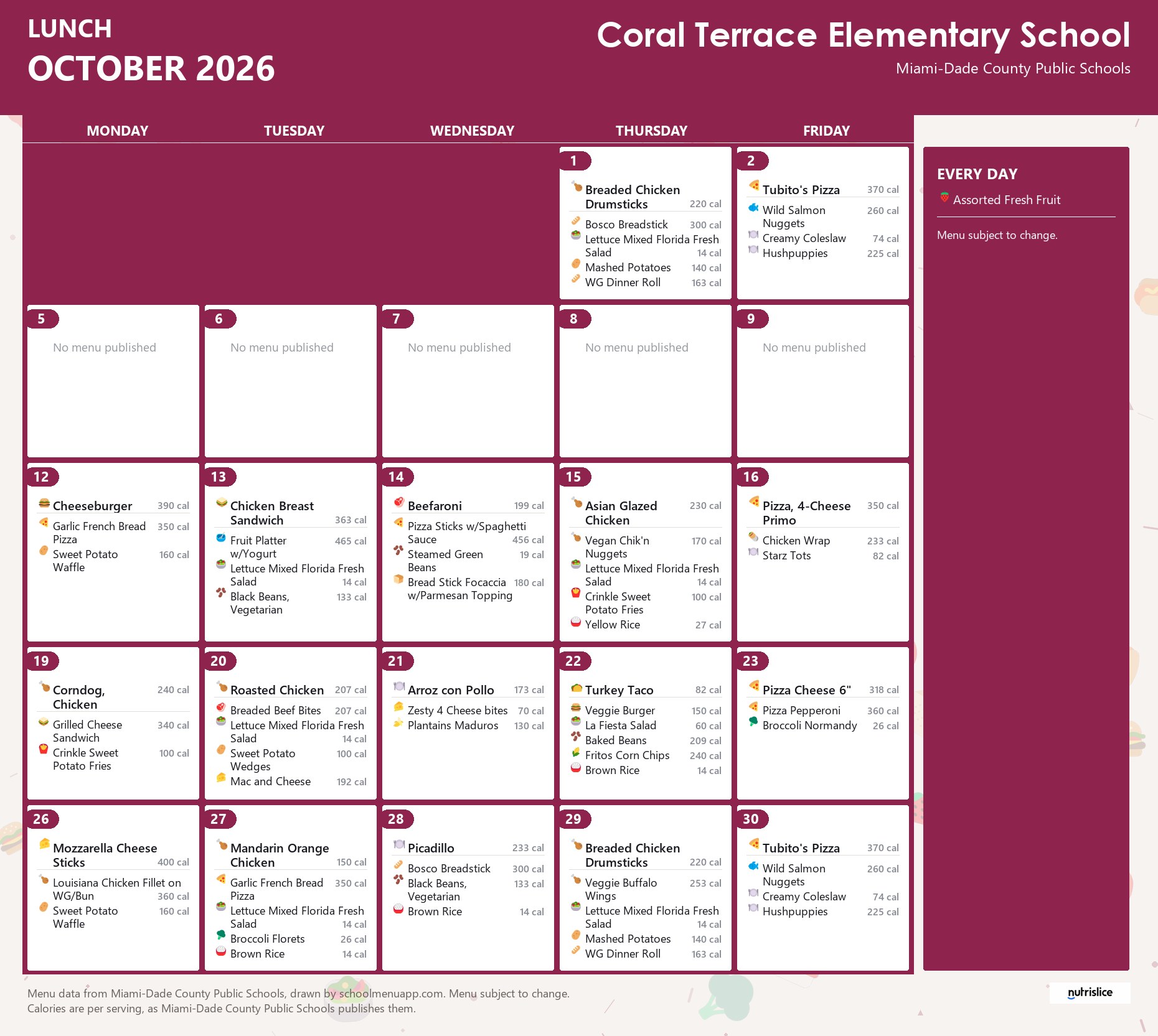 Coral Terrace Elementary School lunch menu for October 2026 &mdash; Miami-Dade County Public Schools