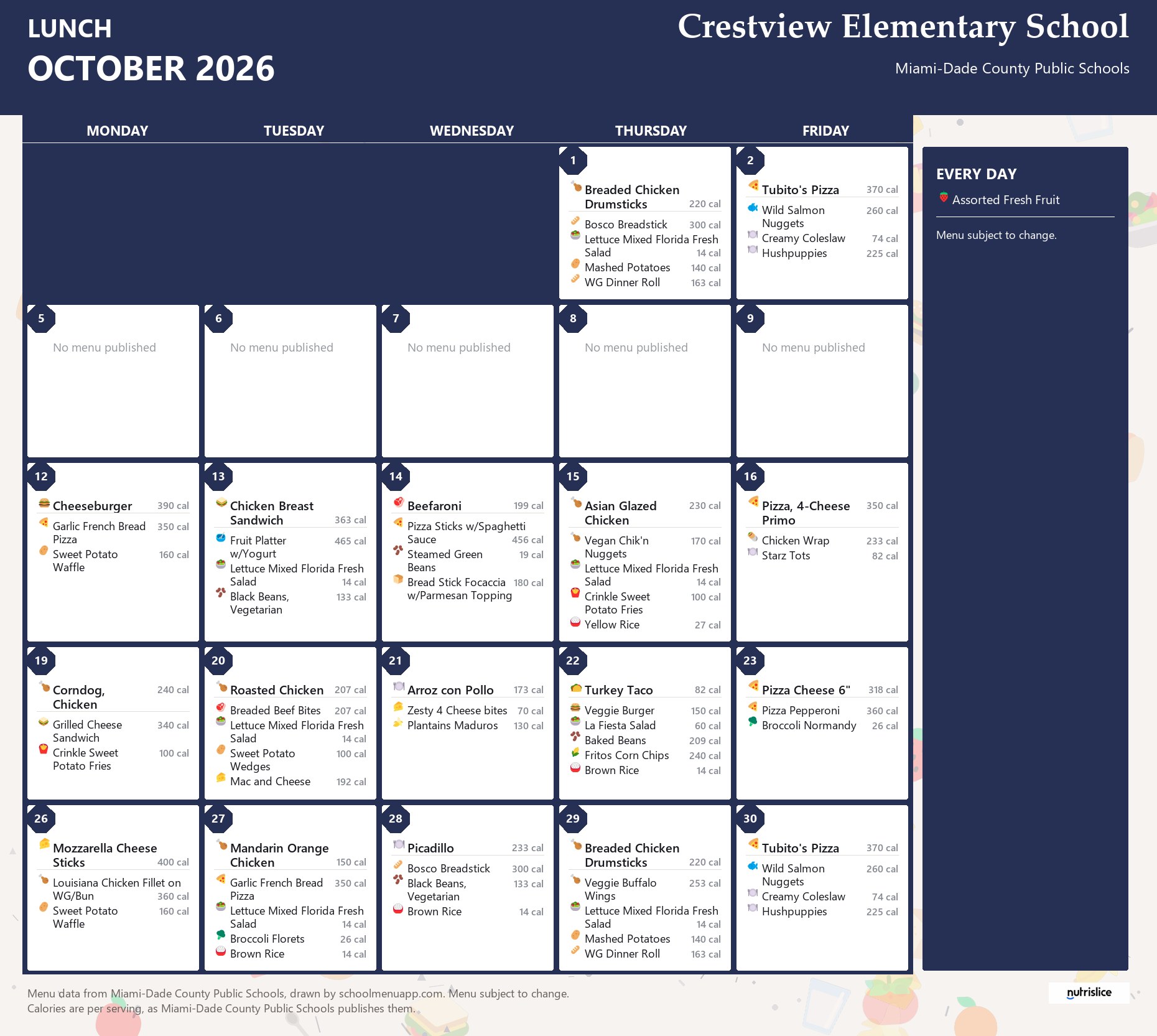 Crestview Elementary School lunch menu for October 2026 &mdash; Miami-Dade County Public Schools