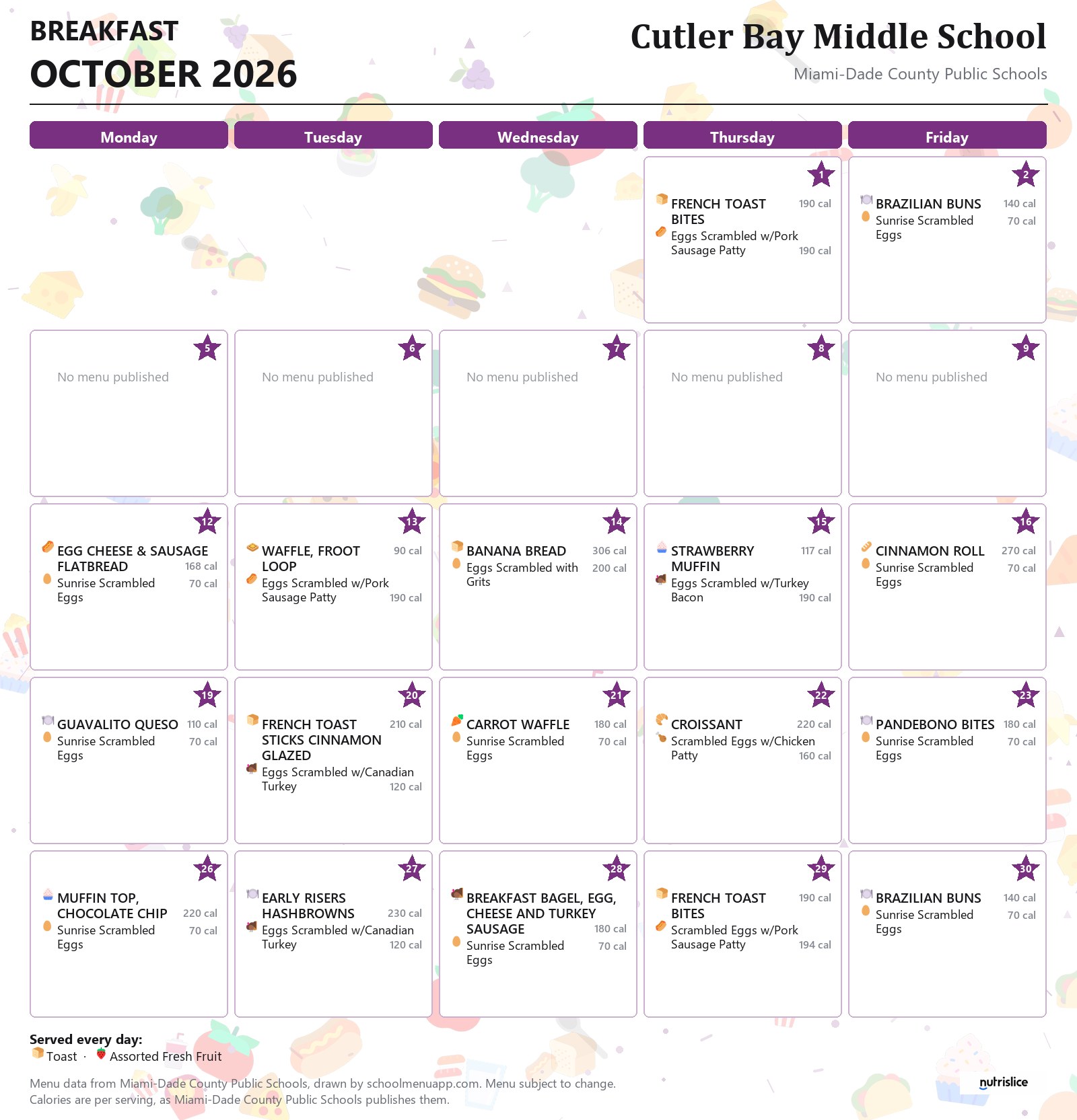 Cutler Bay Middle School breakfast menu for October 2026 &mdash; Miami-Dade County Public Schools