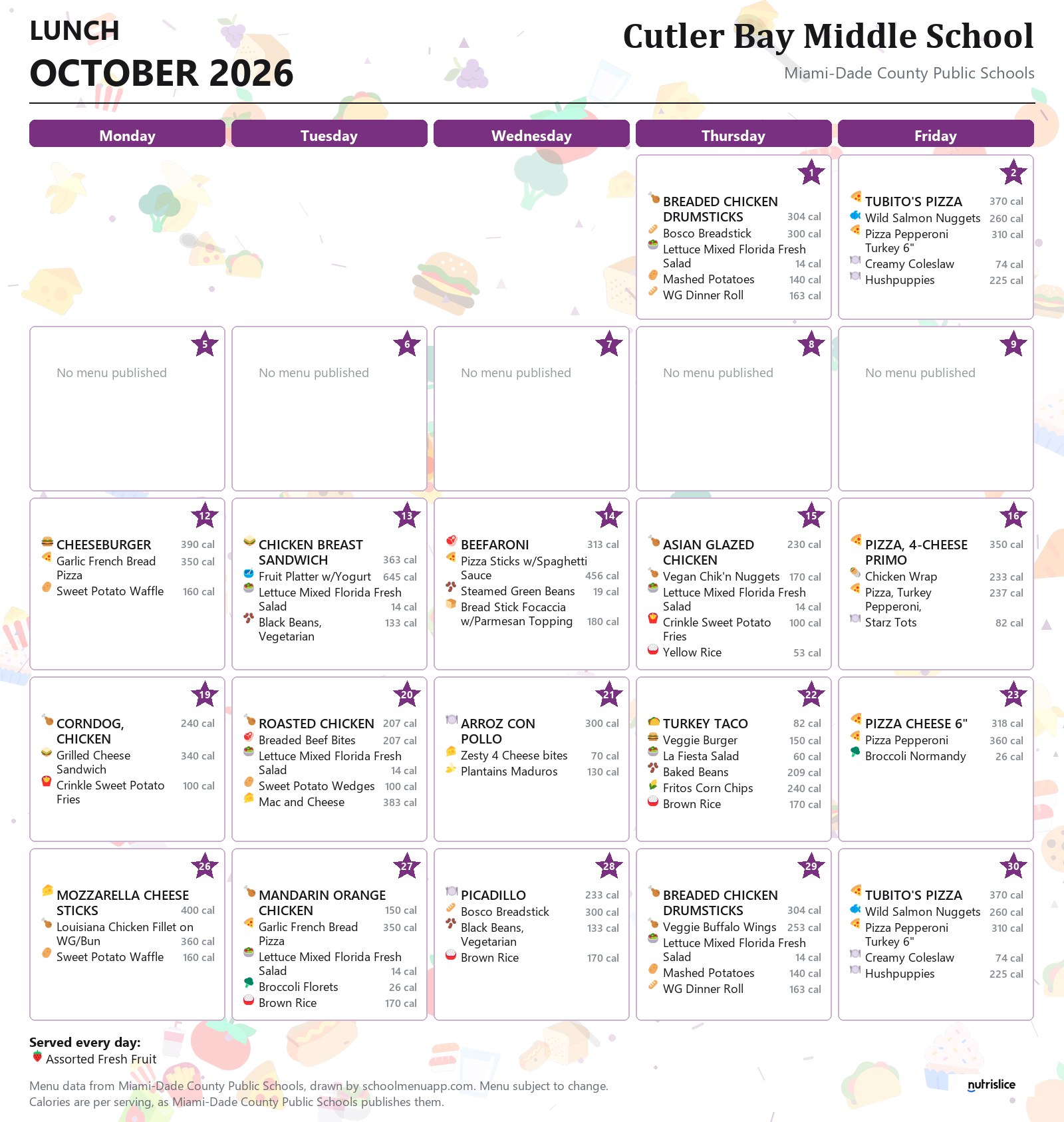 Cutler Bay Middle School lunch menu for October 2026 &mdash; Miami-Dade County Public Schools