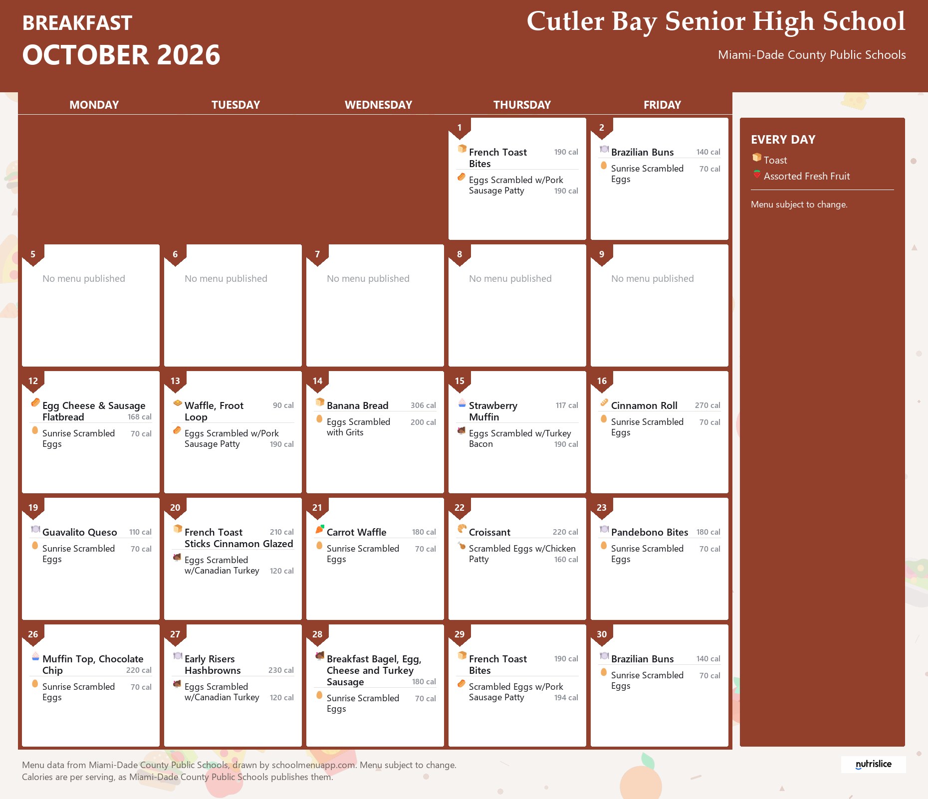 Cutler Bay Senior High School breakfast menu for October 2026 &mdash; Miami-Dade County Public Schools