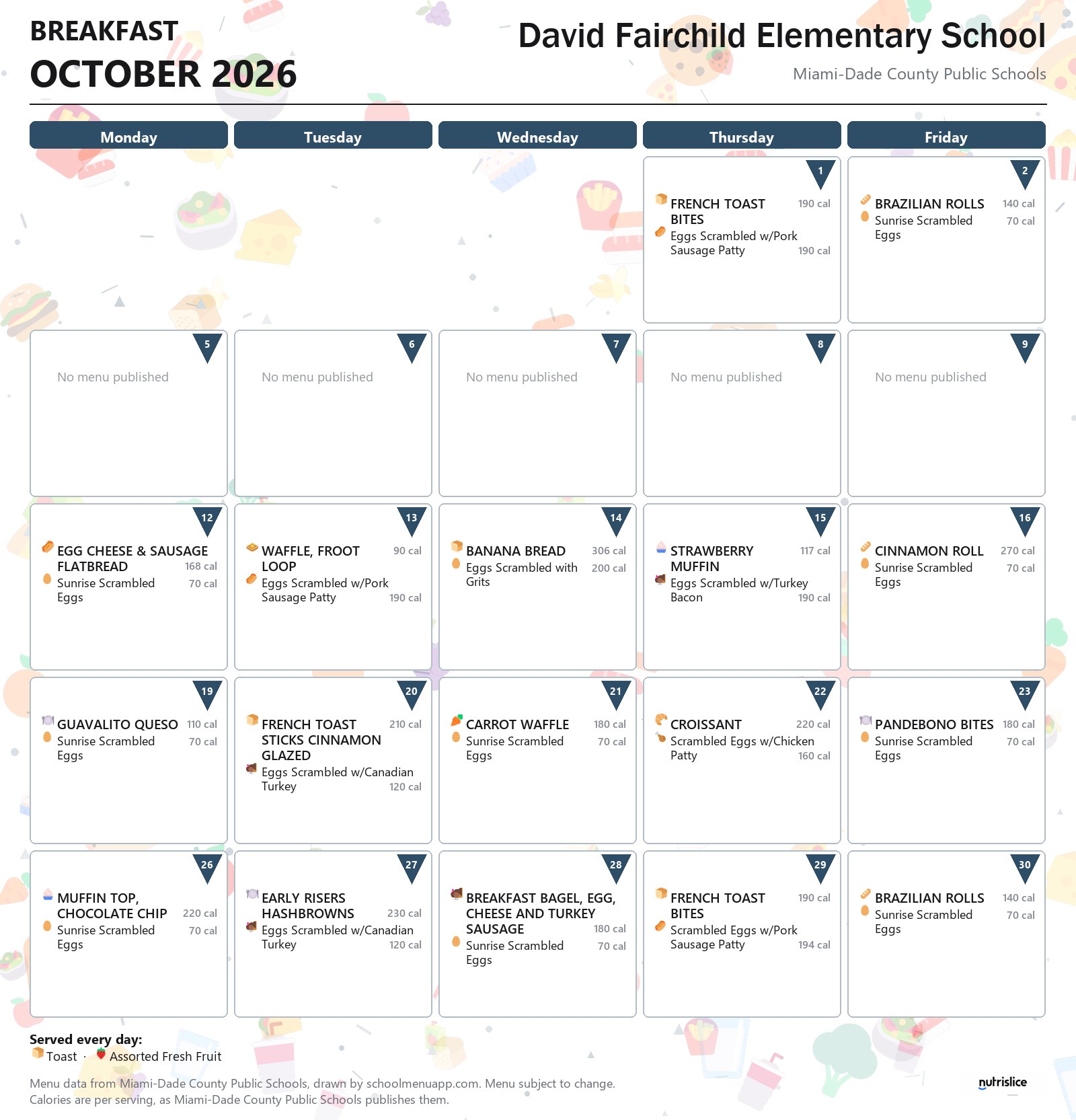 David Fairchild Elementary School breakfast menu for October 2026 &mdash; Miami-Dade County Public Schools