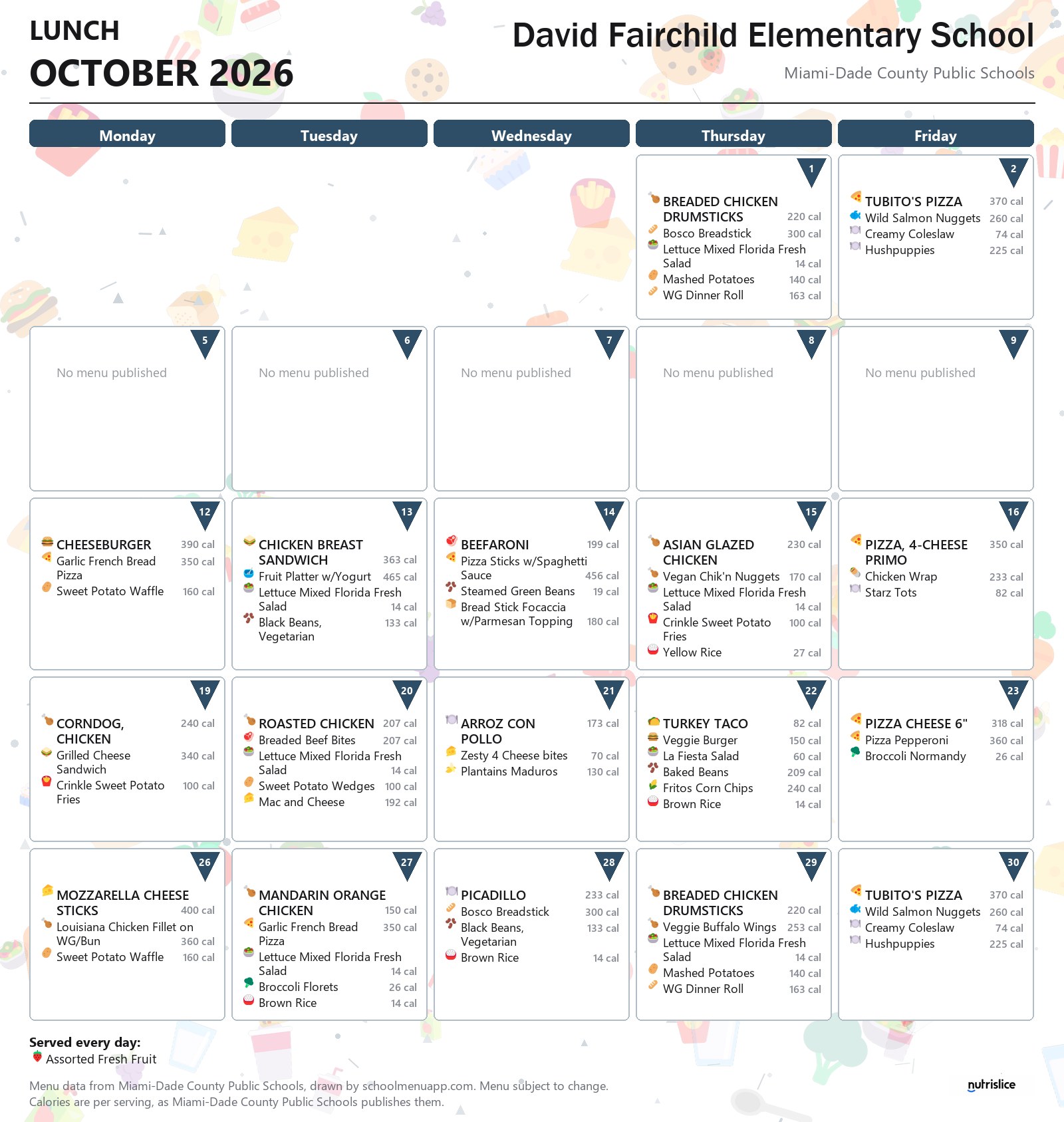 David Fairchild Elementary School lunch menu for October 2026 &mdash; Miami-Dade County Public Schools