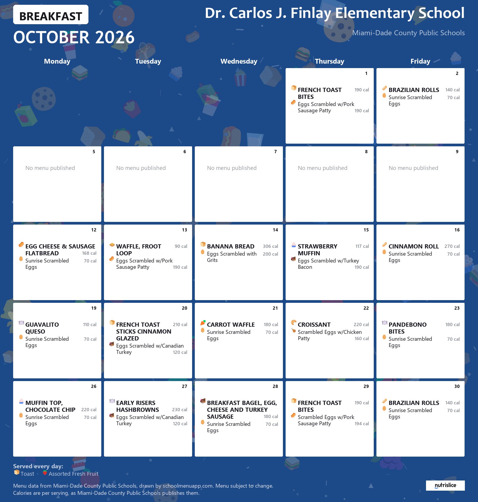 Dr. Carlos J. Finlay Elementary School breakfast menu for October 2026 &mdash; Miami-Dade County Public Schools
