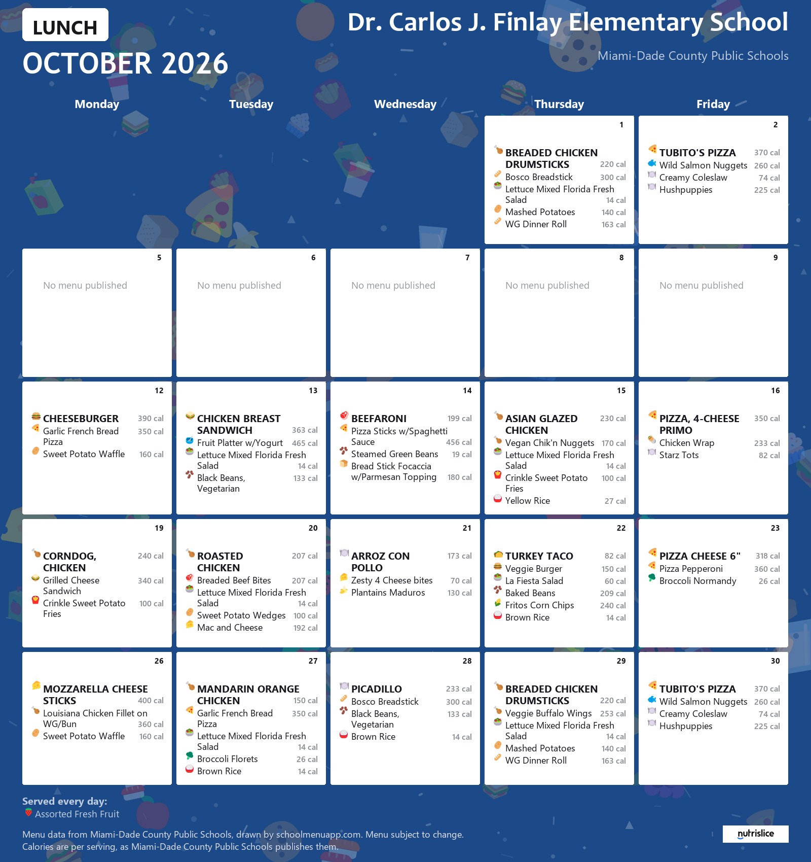 Dr. Carlos J. Finlay Elementary School lunch menu for October 2026 &mdash; Miami-Dade County Public Schools