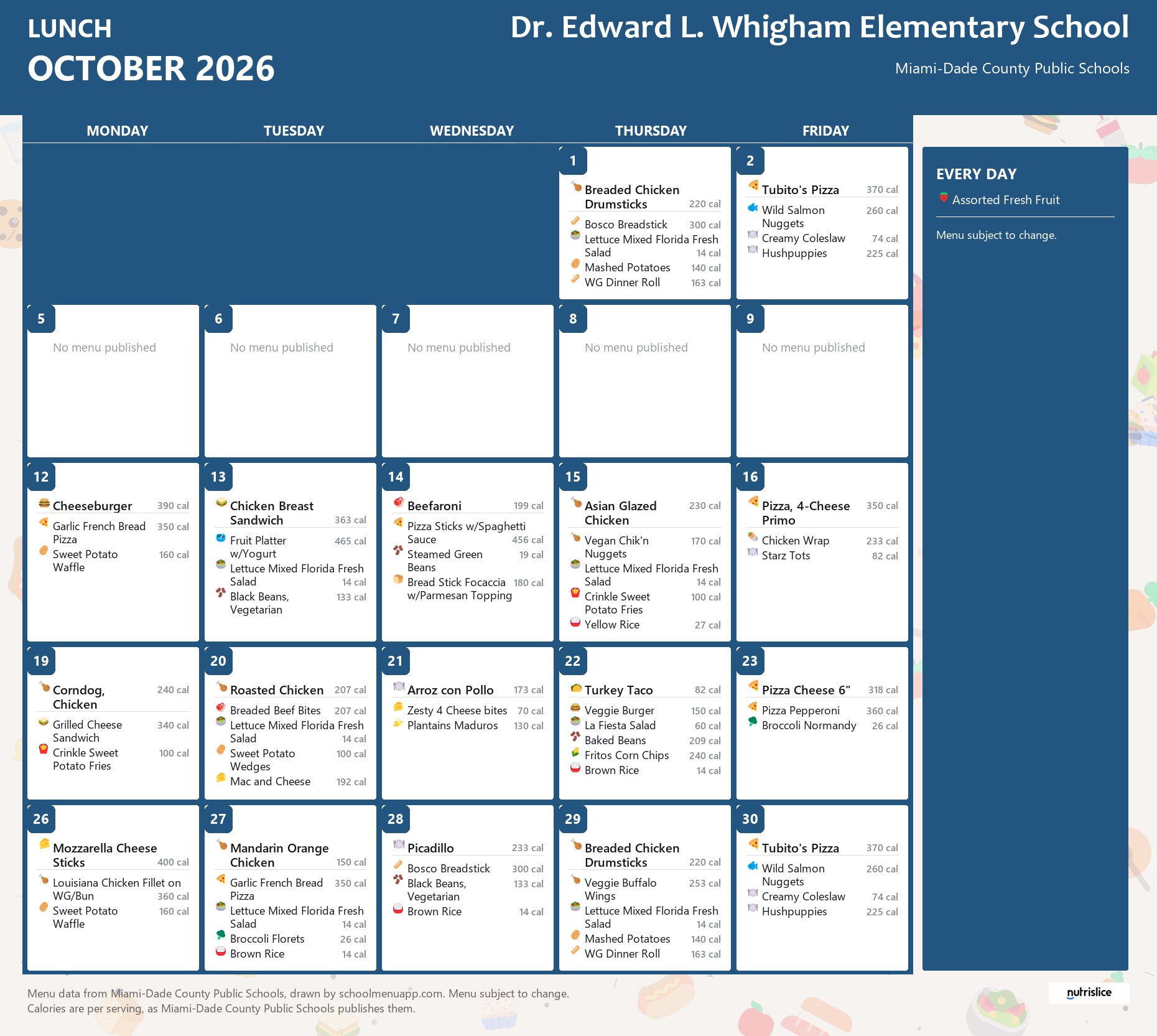 Dr. Edward L. Whigham Elementary School lunch menu for October 2026 &mdash; Miami-Dade County Public Schools