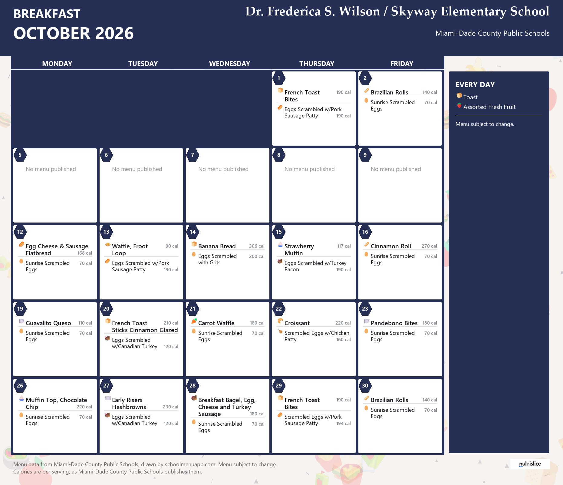 Dr. Frederica S. Wilson / Skyway Elementary School breakfast menu for October 2026 &mdash; Miami-Dade County Public Schools