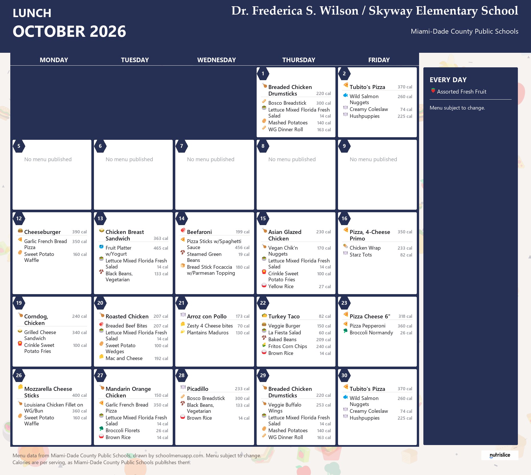 Dr. Frederica S. Wilson / Skyway Elementary School lunch menu for October 2026 &mdash; Miami-Dade County Public Schools