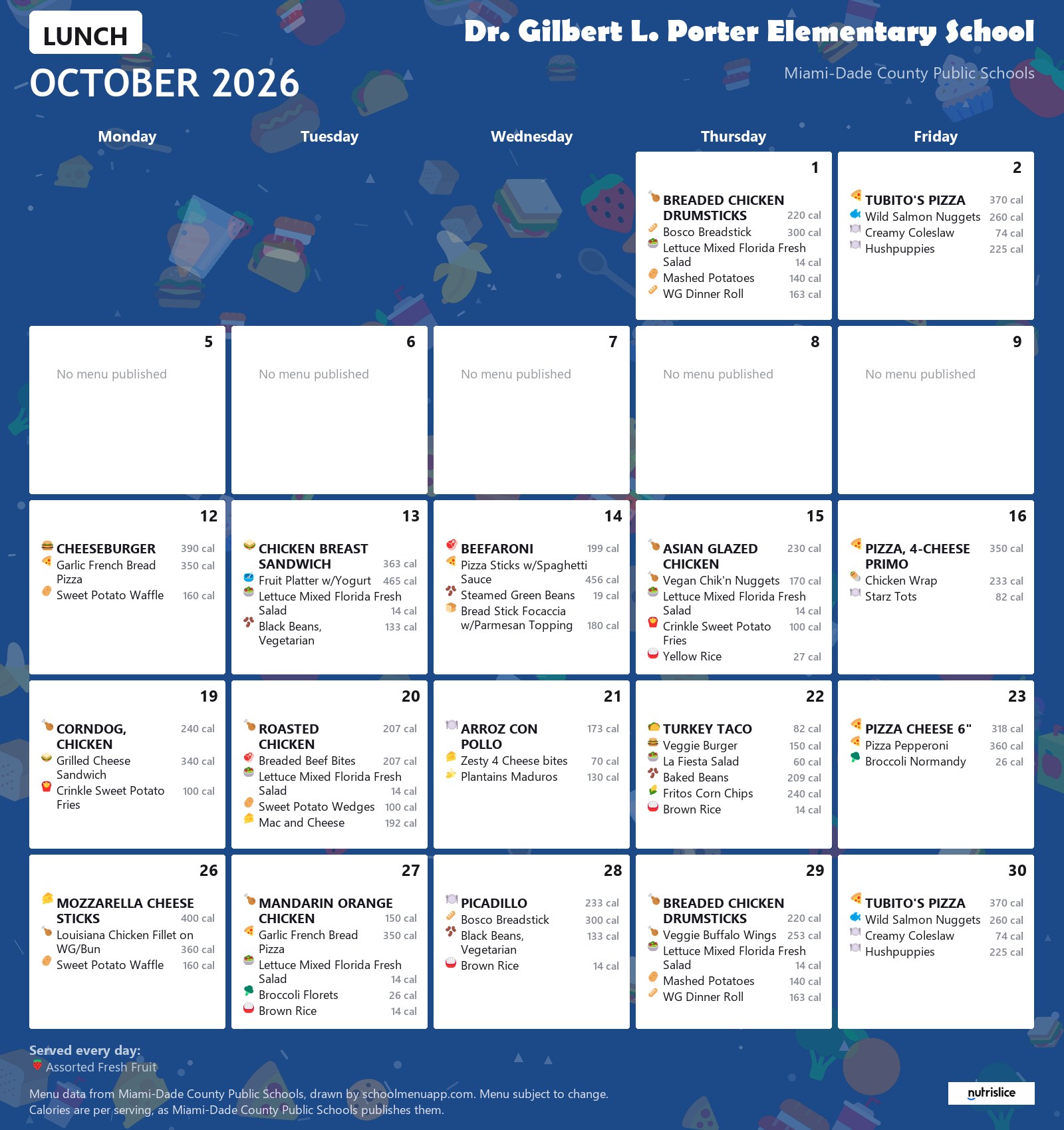 Dr. Gilbert L. Porter Elementary School lunch menu for October 2026 &mdash; Miami-Dade County Public Schools