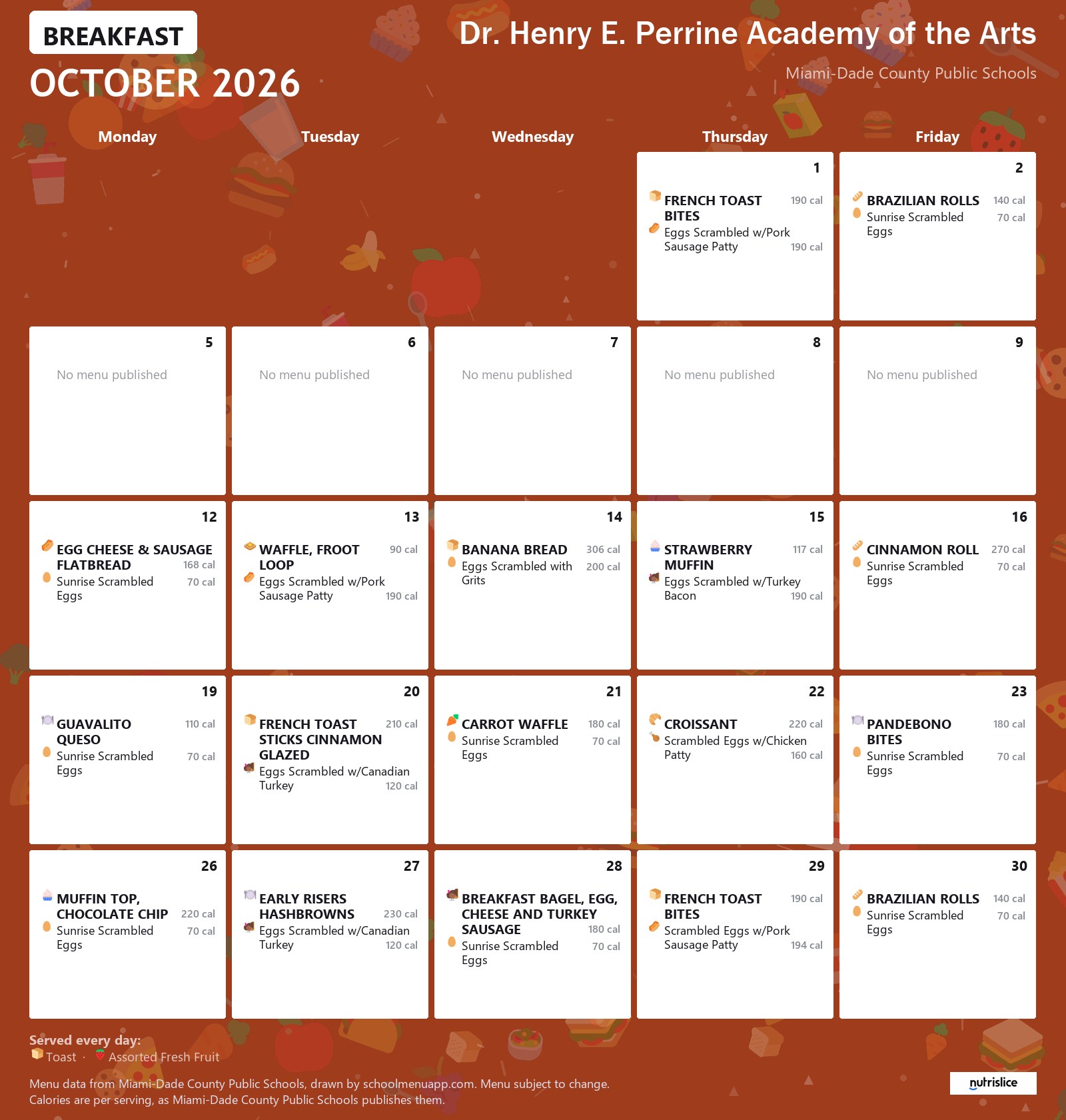 Dr. Henry E. Perrine Academy of the Arts breakfast menu for October 2026 &mdash; Miami-Dade County Public Schools