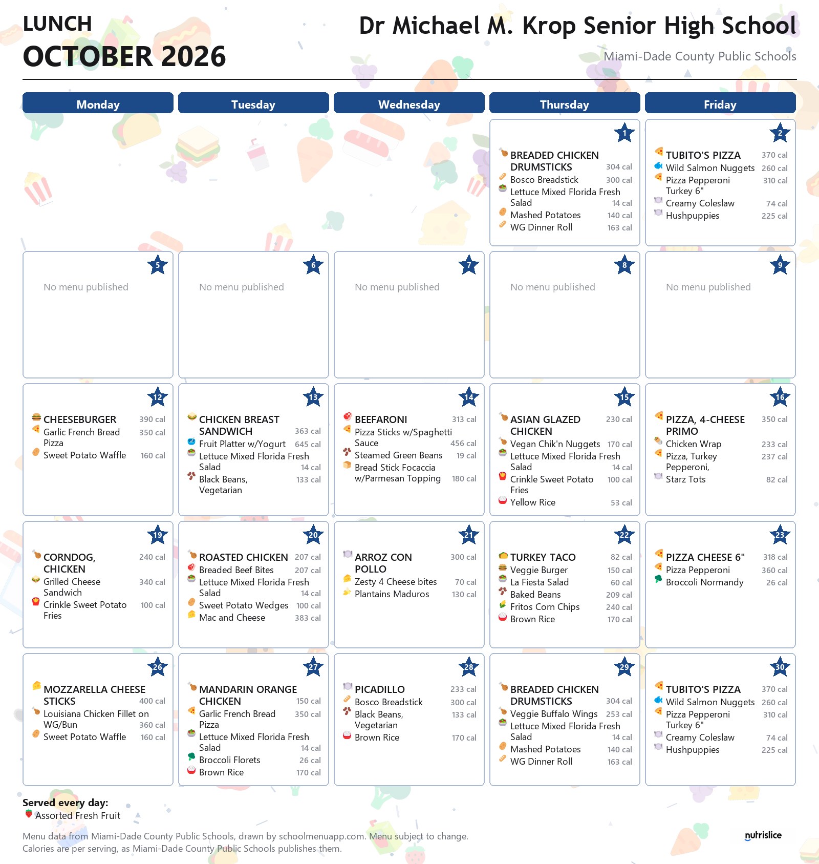 Dr Michael M. Krop Senior High School lunch menu for October 2026 &mdash; Miami-Dade County Public Schools