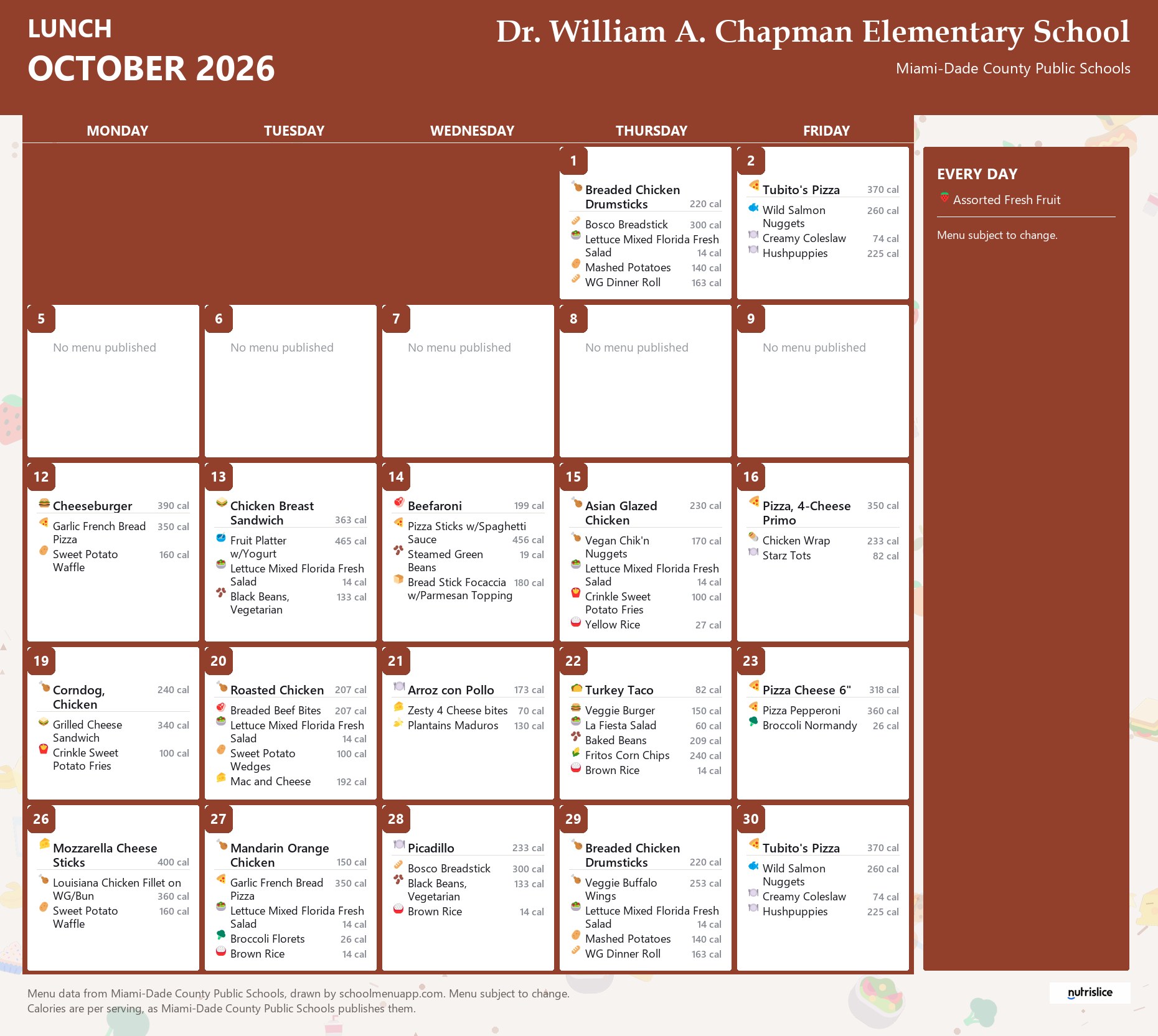 Dr. William A. Chapman Elementary School lunch menu for October 2026 &mdash; Miami-Dade County Public Schools
